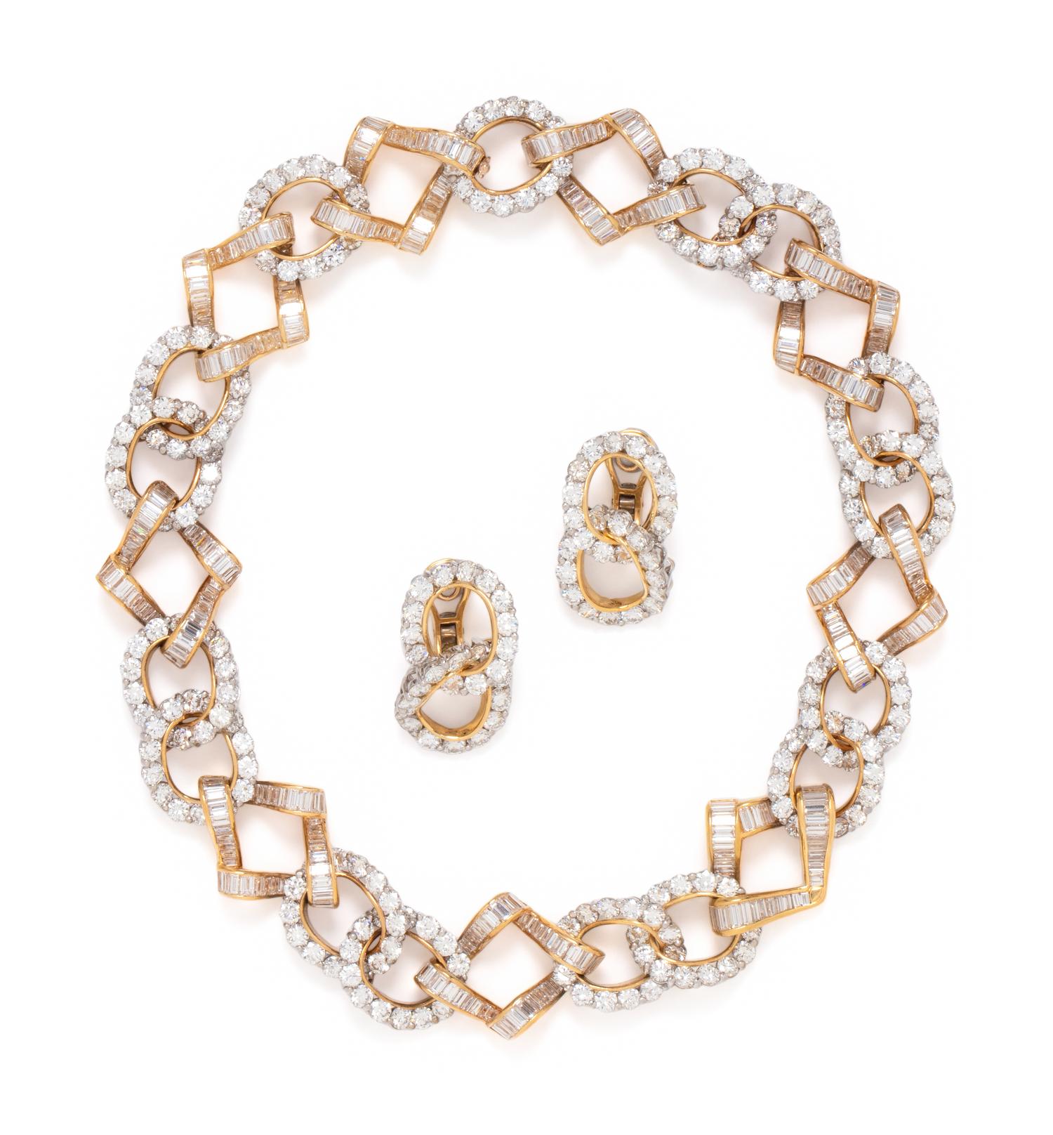 DIAMOND, YELLOW GOLD AND PLATINUM NECKLACE AND EARRINGS