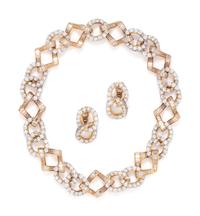 DIAMOND, YELLOW GOLD AND PLATINUM NECKLACE AND EARRINGS