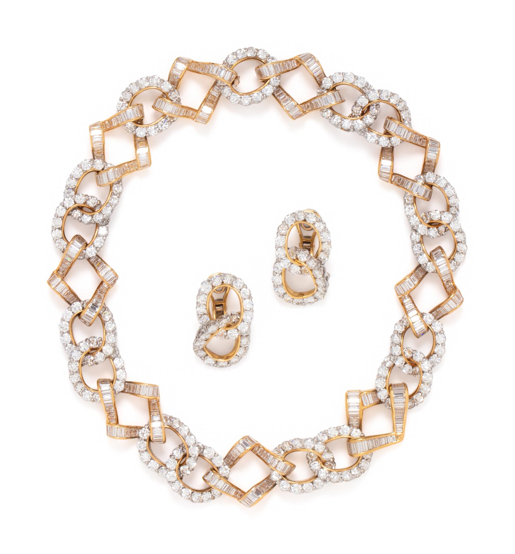 DIAMOND, YELLOW GOLD AND PLATINUM NECKLACE AND EARRINGS