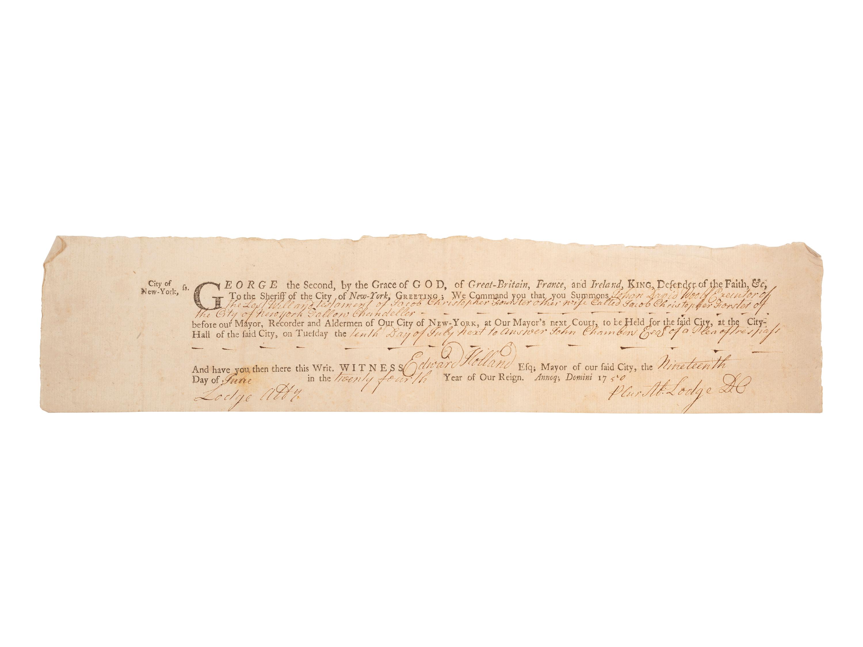 [COLONIAL AMERICA]. A group of 2 documents signed by prominent colonial figures.