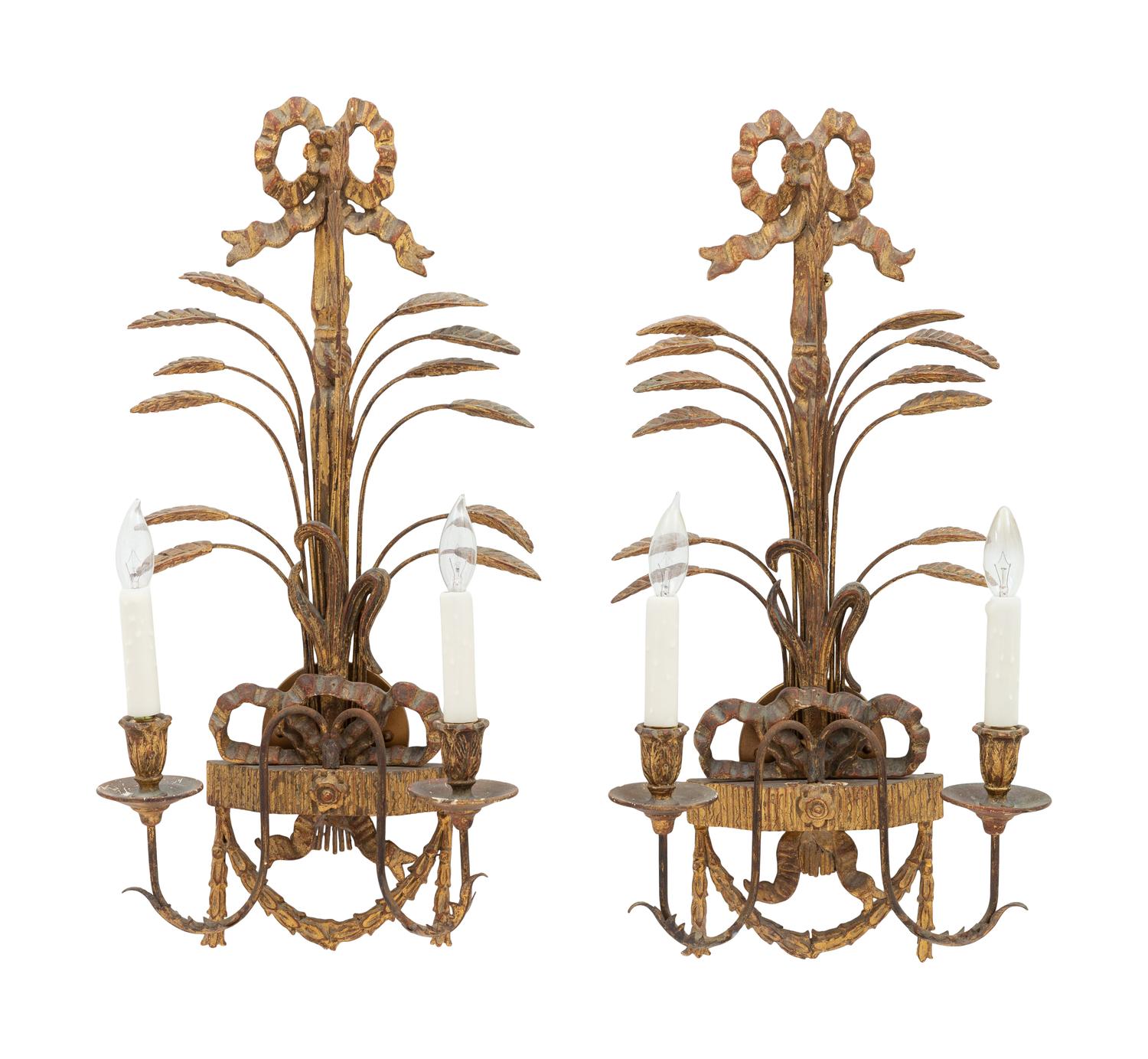 A Pair of Italian Neoclassical Style Giltwood and Metal Two-Light Sconces