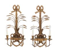 A Pair of Italian Neoclassical Style Giltwood and Metal Two-Light Sconces