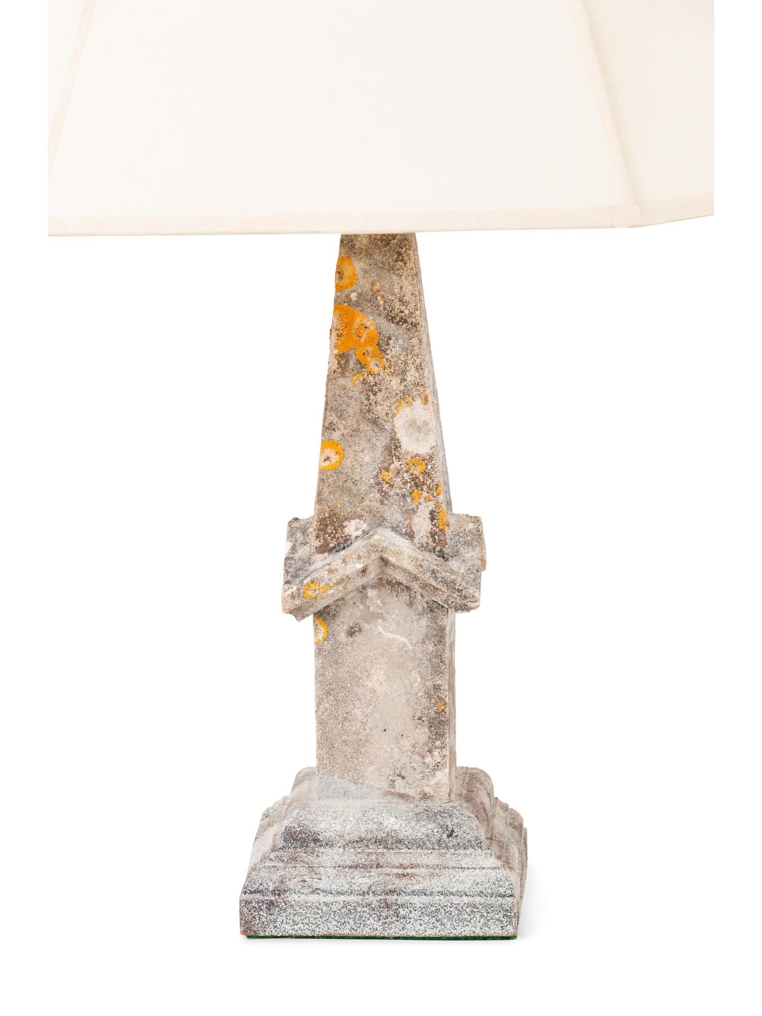 A Pair of Weathered Cast Stone Obelisks Mounted as Lamps