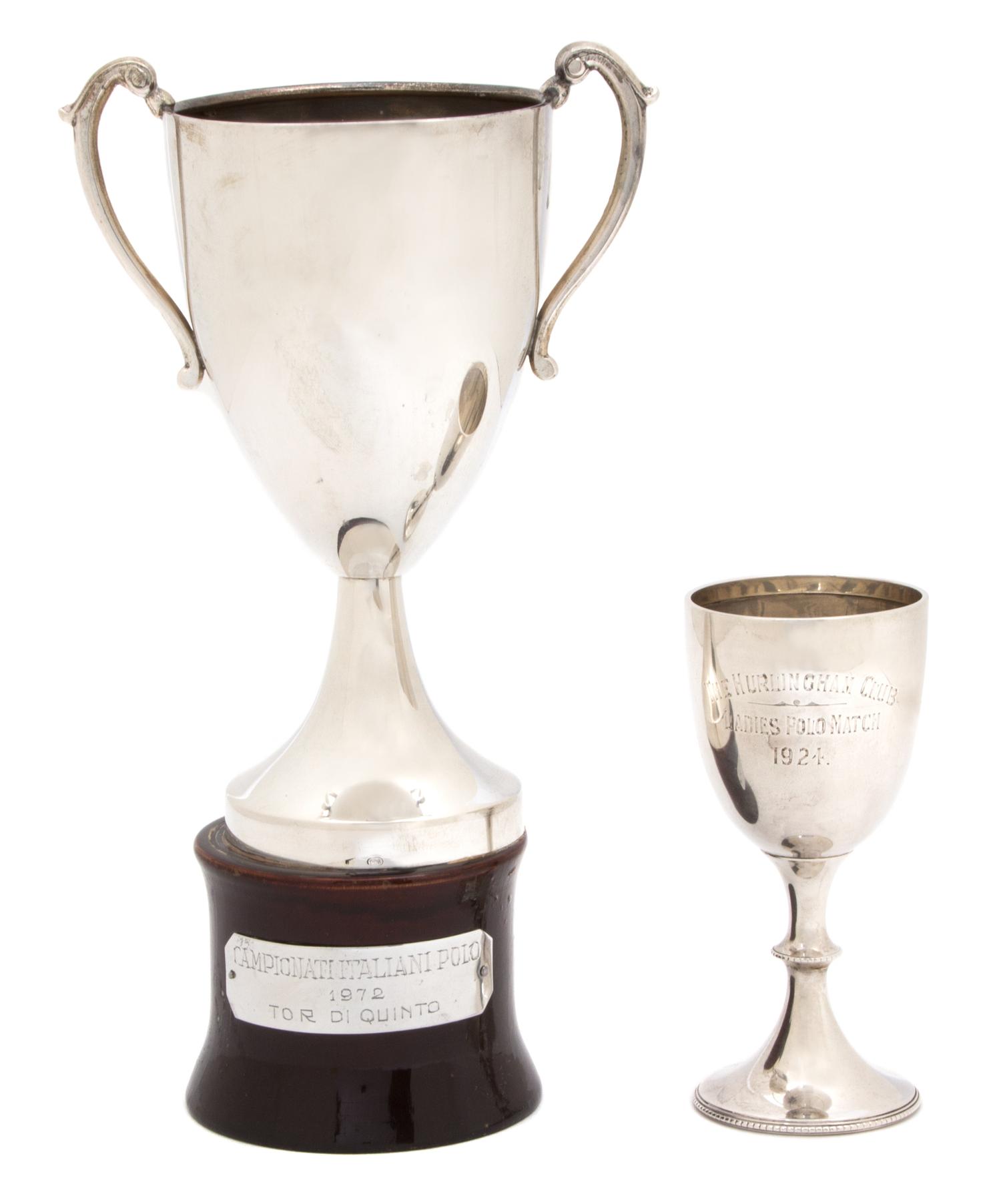 Two Silver Polo Trophy Cups, , one by Walker & Hall, Sheffield 1898, inscribed The Hurlingham Club/Ladies Polo Match/1924..., the other