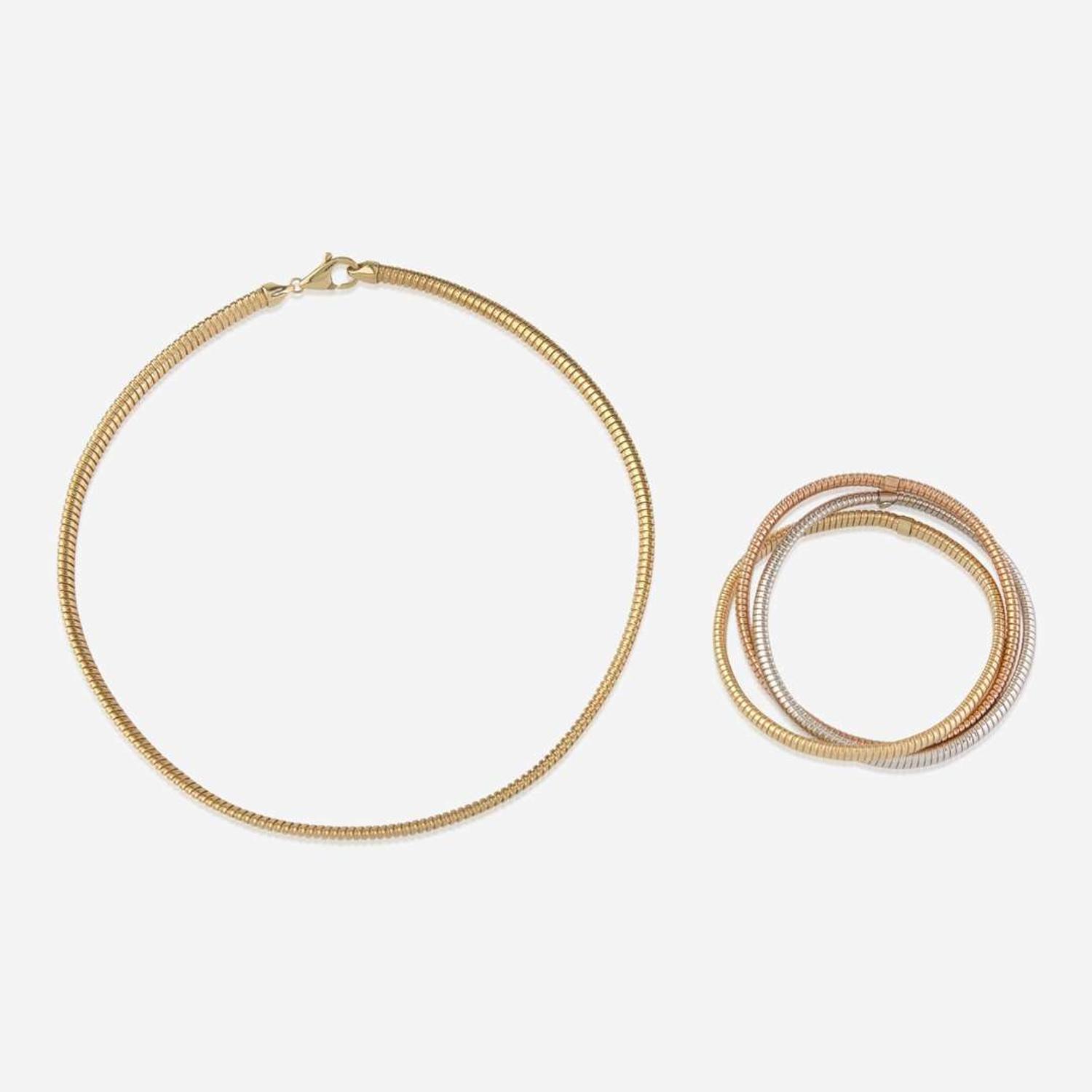 A Matching Set of 14K Gold Flexible Bracelet and Necklace
