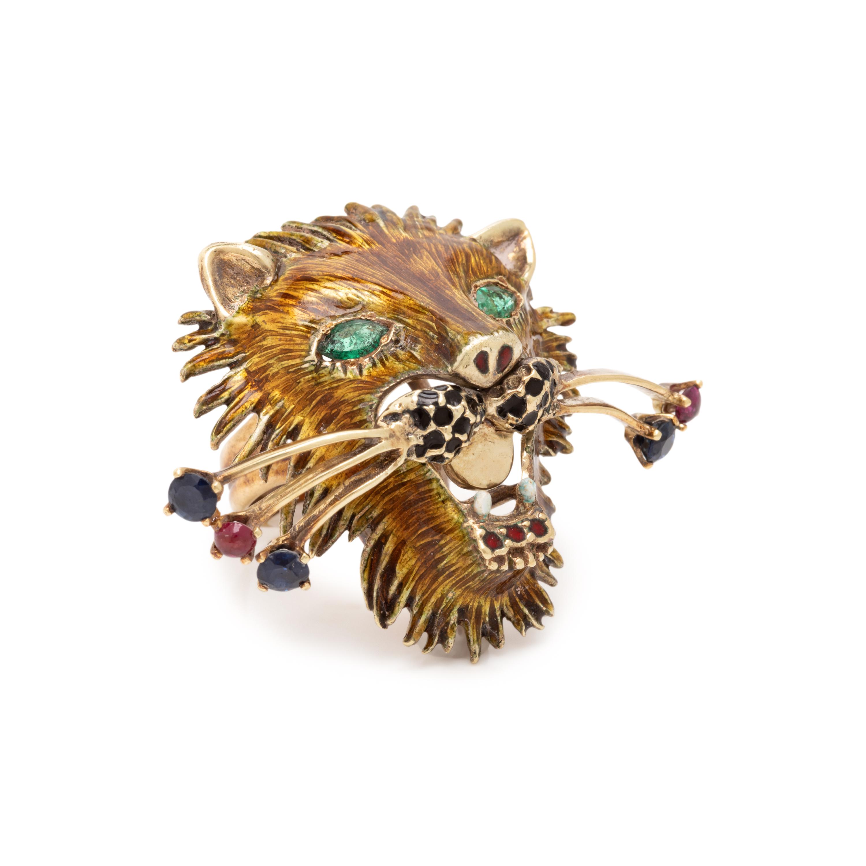 Multigem, Enamel, and Yellow Gold Lion Ring