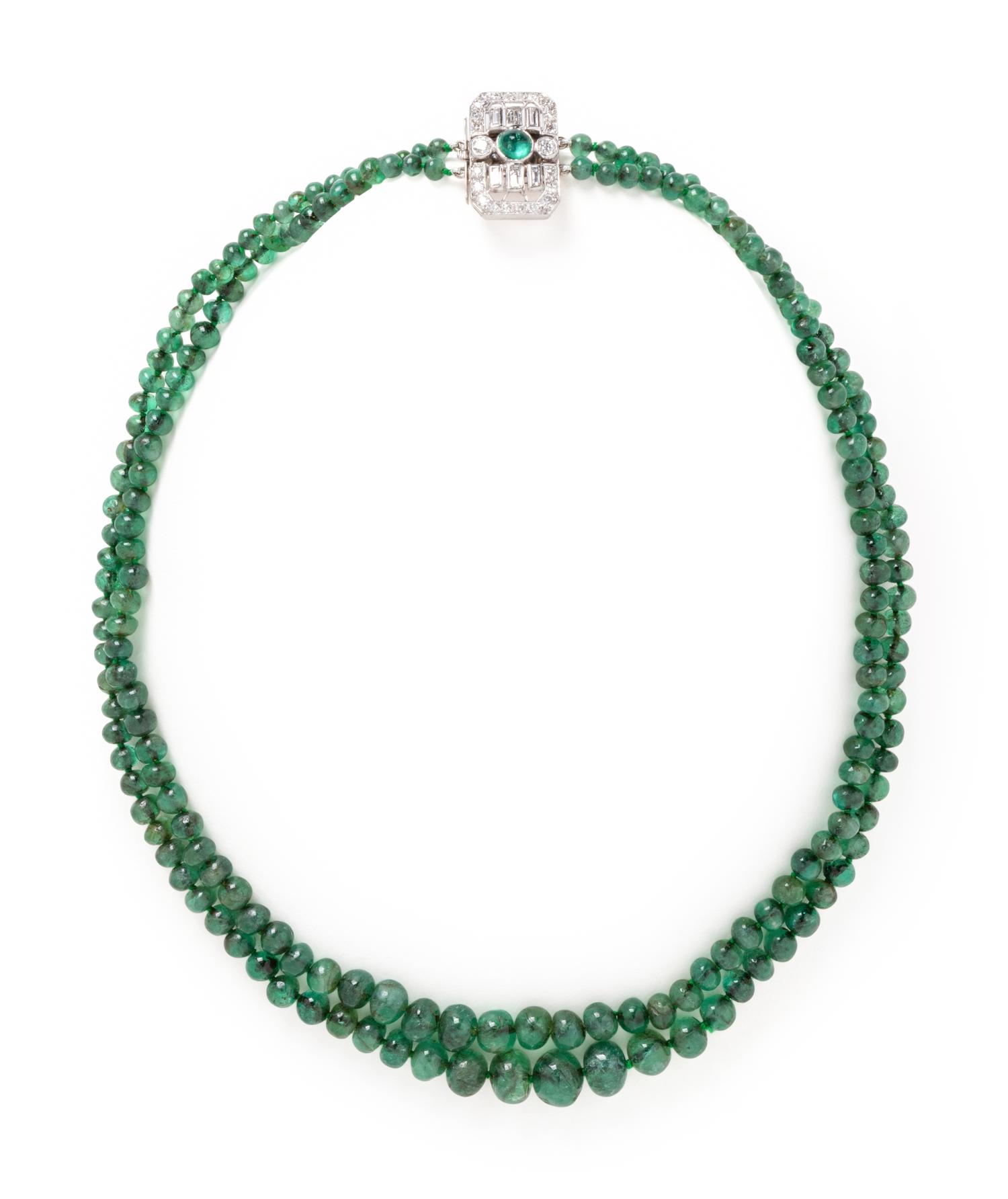 ART DECO, EMERALD AND DIAMOND BEAD NECKACE