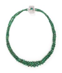 ART DECO, EMERALD AND DIAMOND BEAD NECKACE