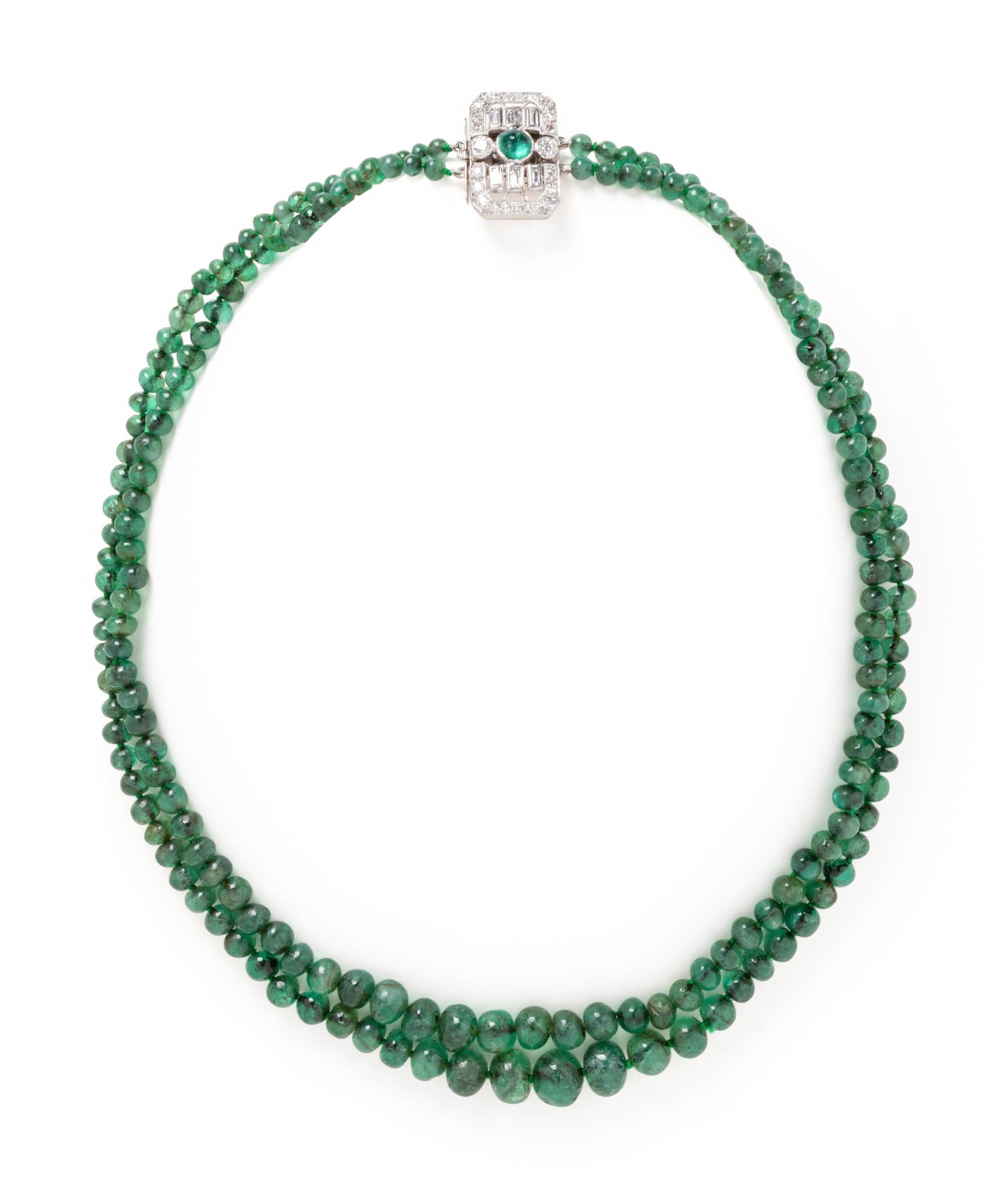 ART DECO, EMERALD AND DIAMOND BEAD NECKACE