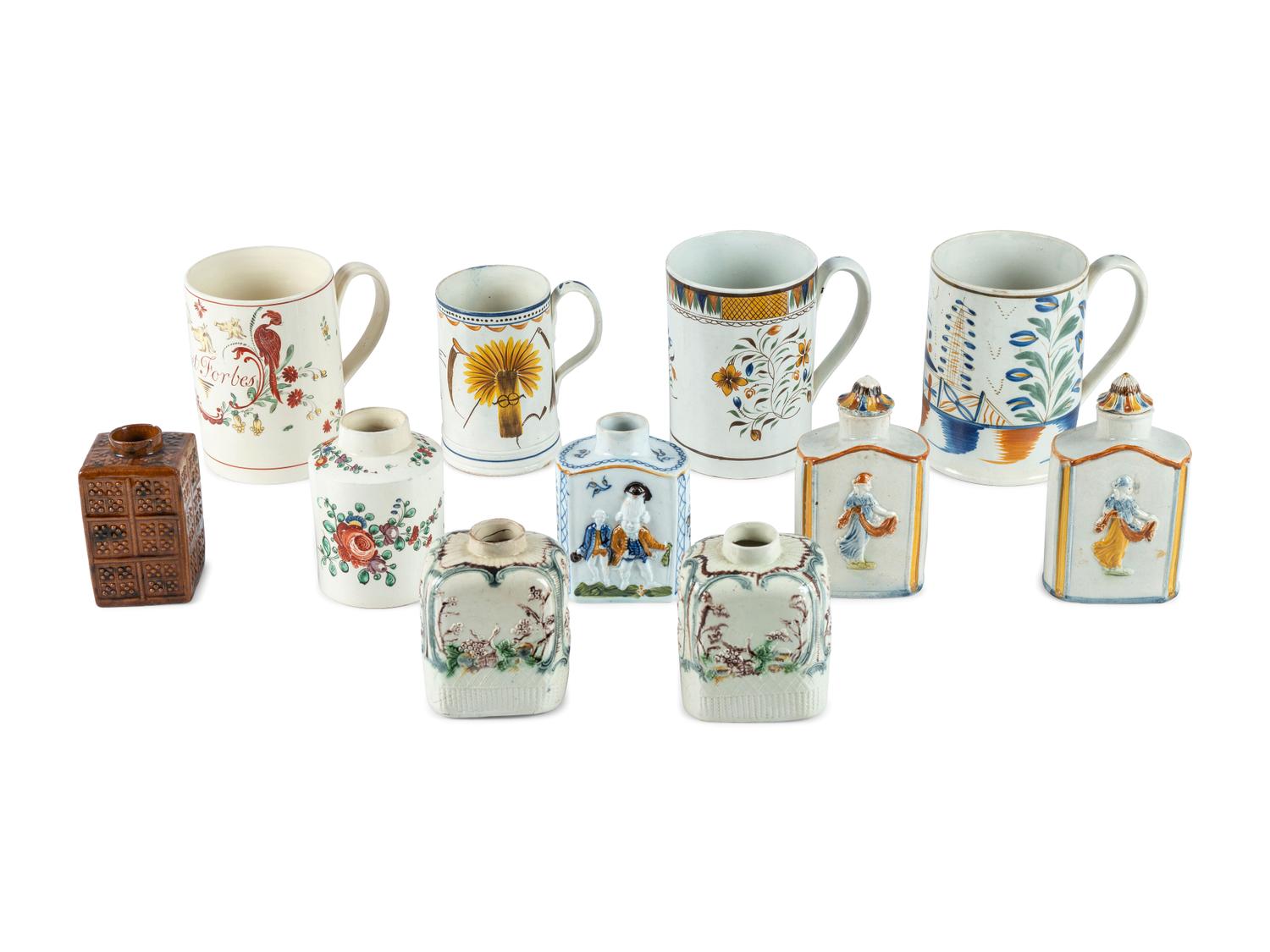 A Group of English Molded Creamware and Pearlware Glazed Tea Caddies and Canns