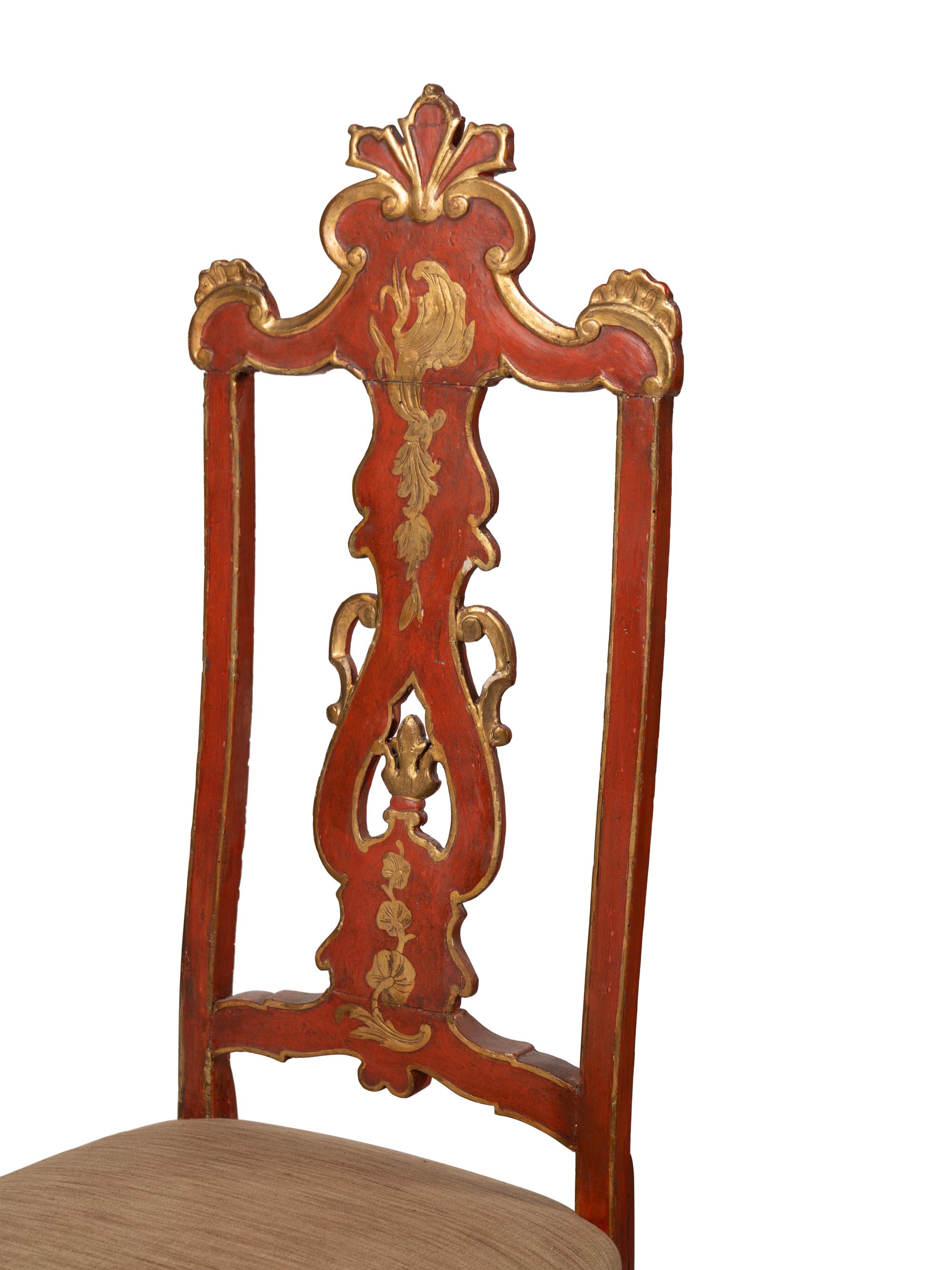 A Set of Four Venetian Painted and Parcel-Gilt Side Chairs