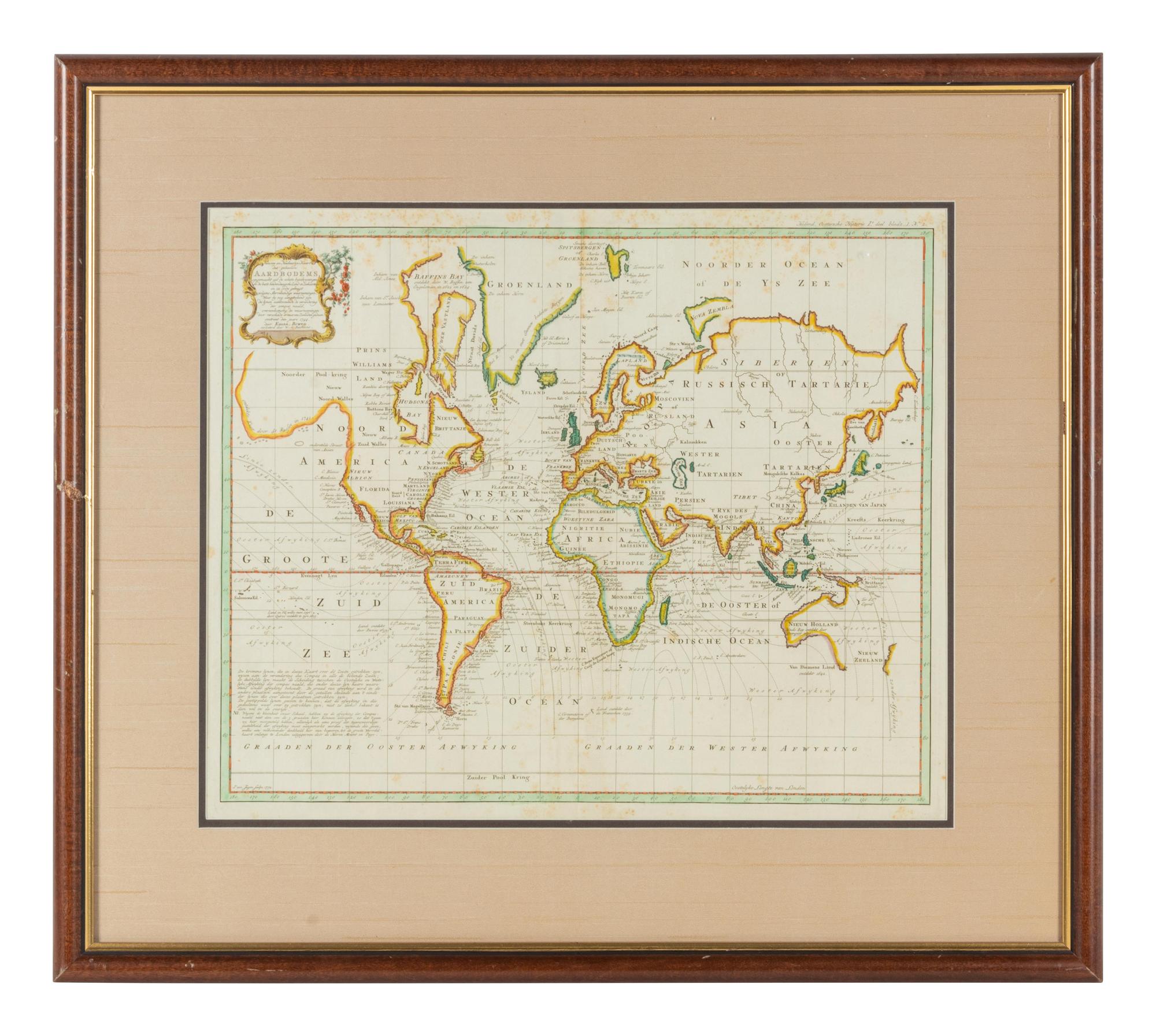 [MAP – WORLD]. BOWEN, Emanuel (d. 1767). Niewe en Naukeurige Kaart des geheelen Aardbodems… [Amsterdam,] 1744.