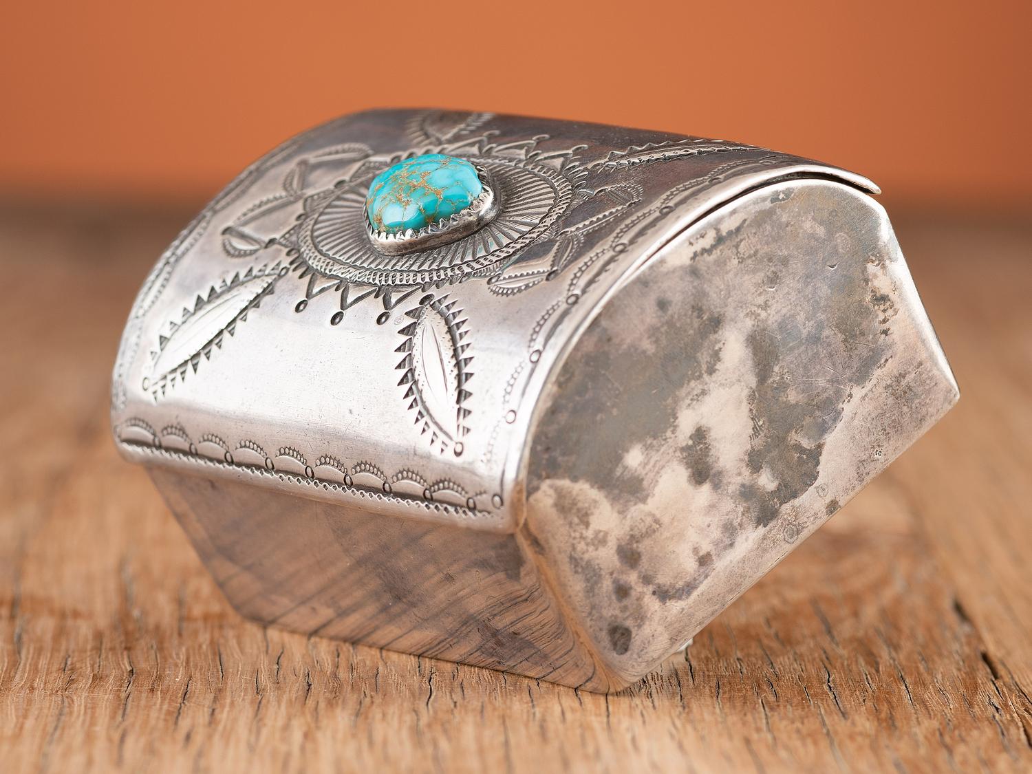Navajo Stamped Silver and Turquoise Box, Crafted from a Repurposed Ketoh