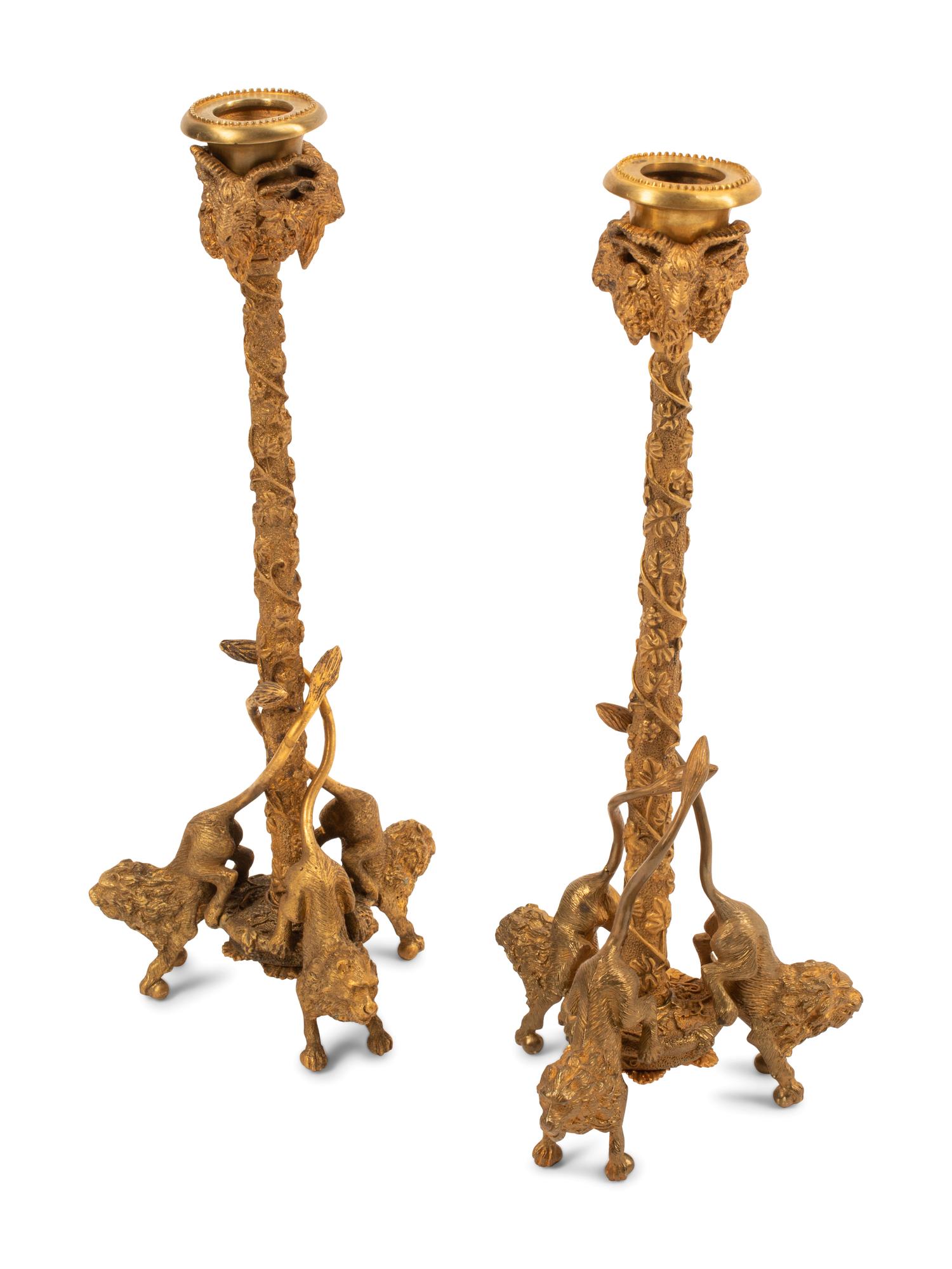 A Pair of English Gilt Bronze Candlesticks