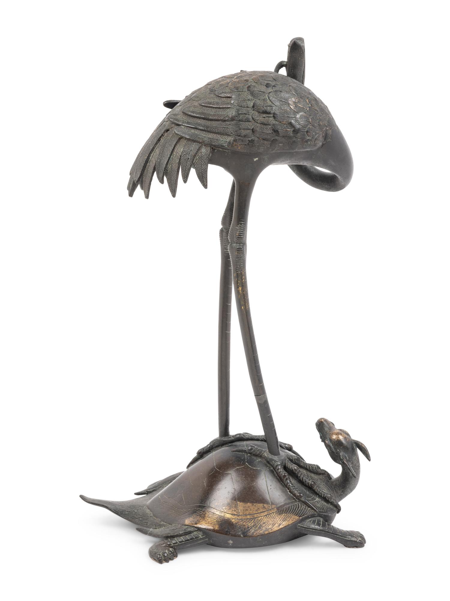 A Japanese Bronze Figural Group of a Crane and a Turtle