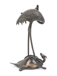 A Japanese Bronze Figural Group of a Crane and a Turtle