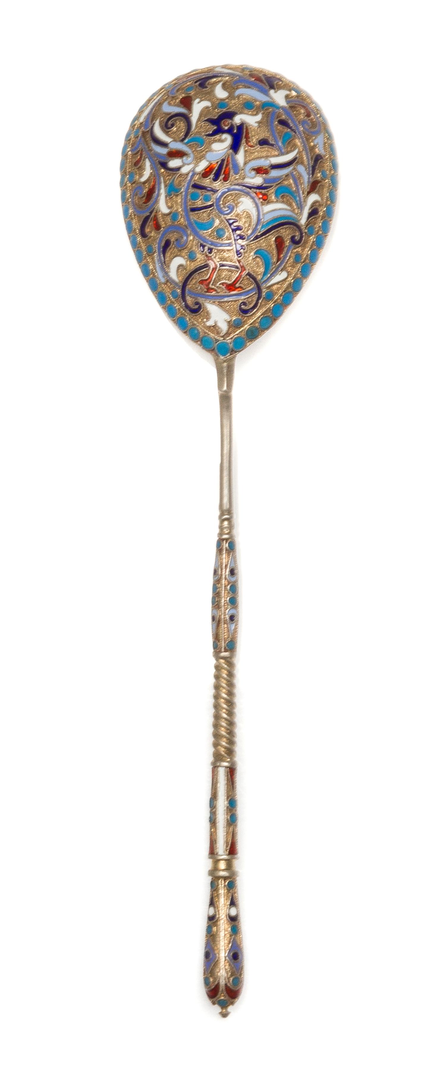 A Russian Silver-Gilt and Enamel Spoon, Mark of Gustav Klingert, assay mark of Anatoly Artsybashev, Moscow, 1893, the underside of the