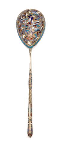 A Russian Silver-Gilt and Enamel Spoon, Mark of Gustav Klingert, assay mark of Anatoly Artsybashev, Moscow, 1893, the underside of the