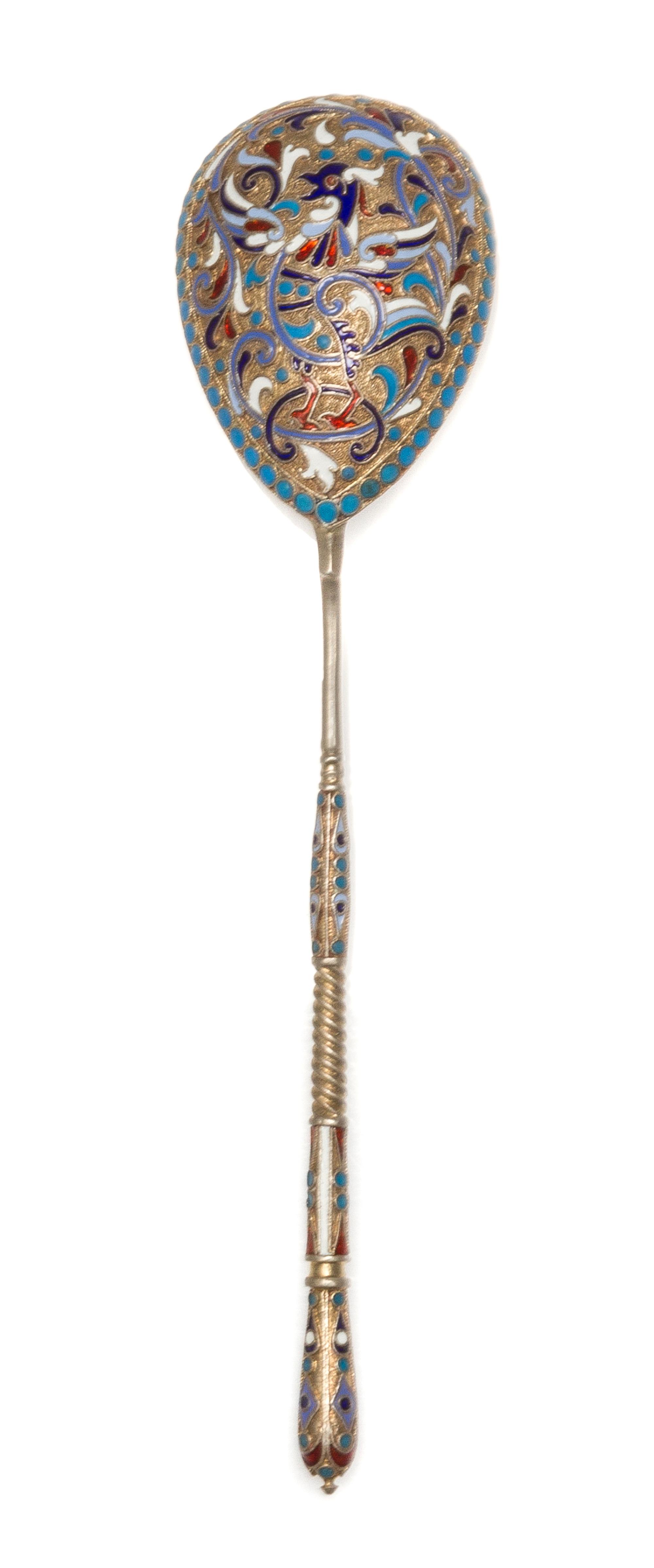 A Russian Silver-Gilt and Enamel Spoon, Mark of Gustav Klingert, assay mark of Anatoly Artsybashev, Moscow, 1893, the underside of the
