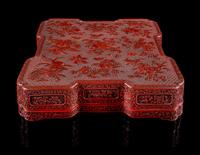 A Large Cinnabar Lacquer Square Covered Box Length 18 1/4 c width 18 1/4 inches.