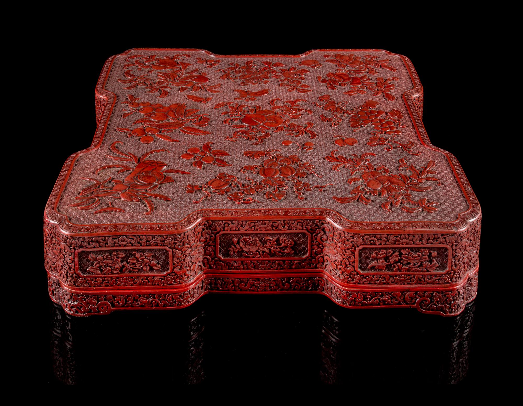 A Large Cinnabar Lacquer Square Covered Box Length 18 1/4 c width 18 1/4 inches.