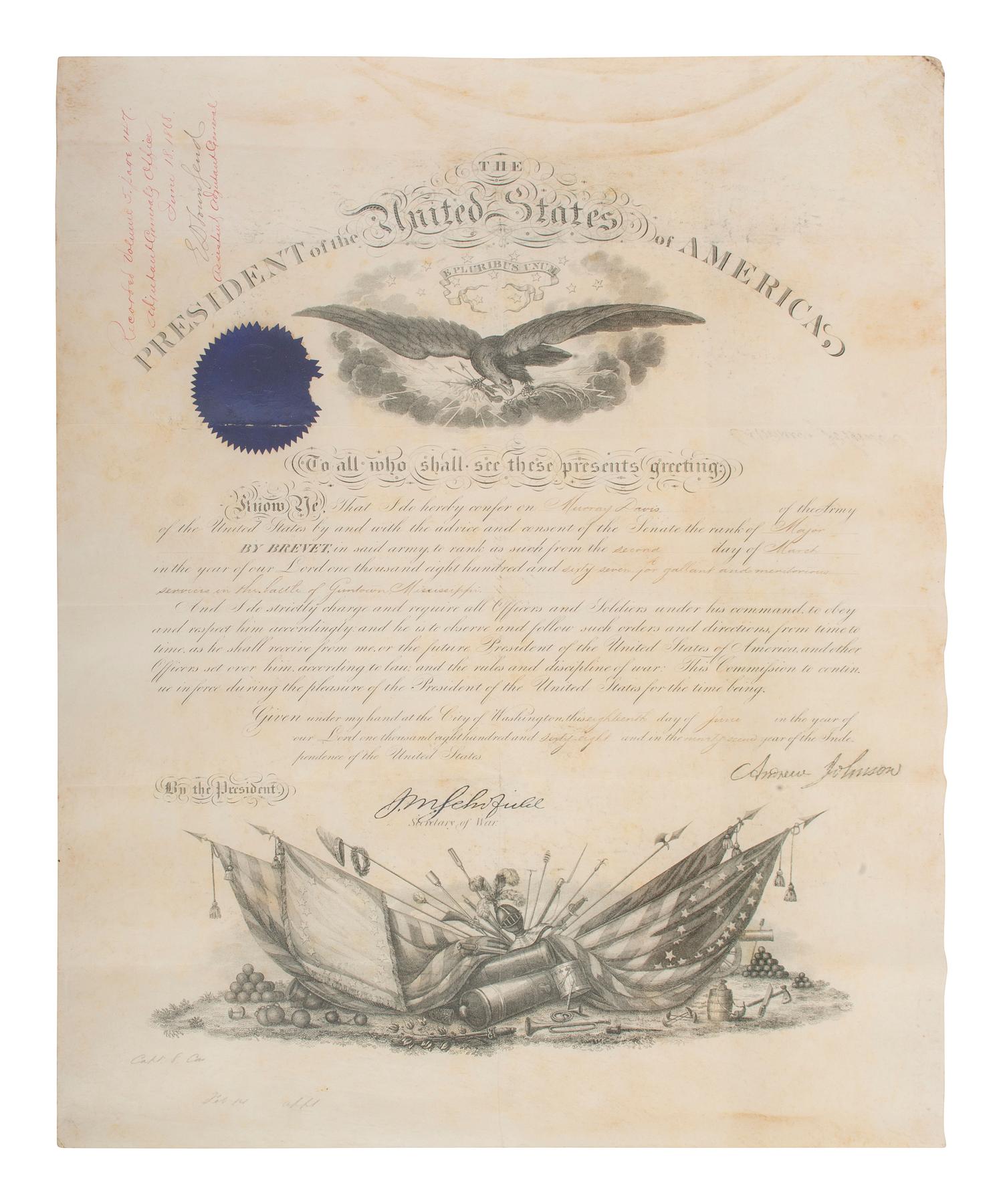 [CIVIL WAR]. JOHNSON, Andrew (1808-1875). Appointments associated with the service of Major Murray Davis, 95th Ohio Infantry, including a document signed by Andrew Johnson as President, 20 April 1866.