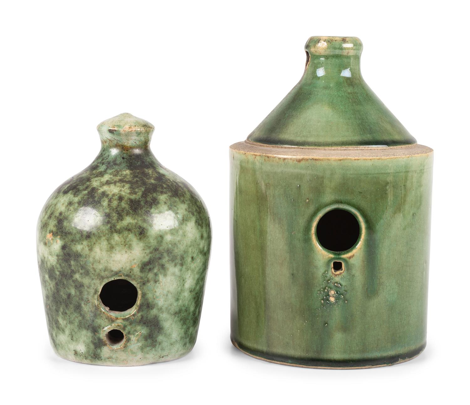 Two Stoneware Birdhouses in Green Glaze