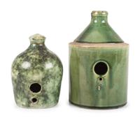 Two Stoneware Birdhouses in Green Glaze
