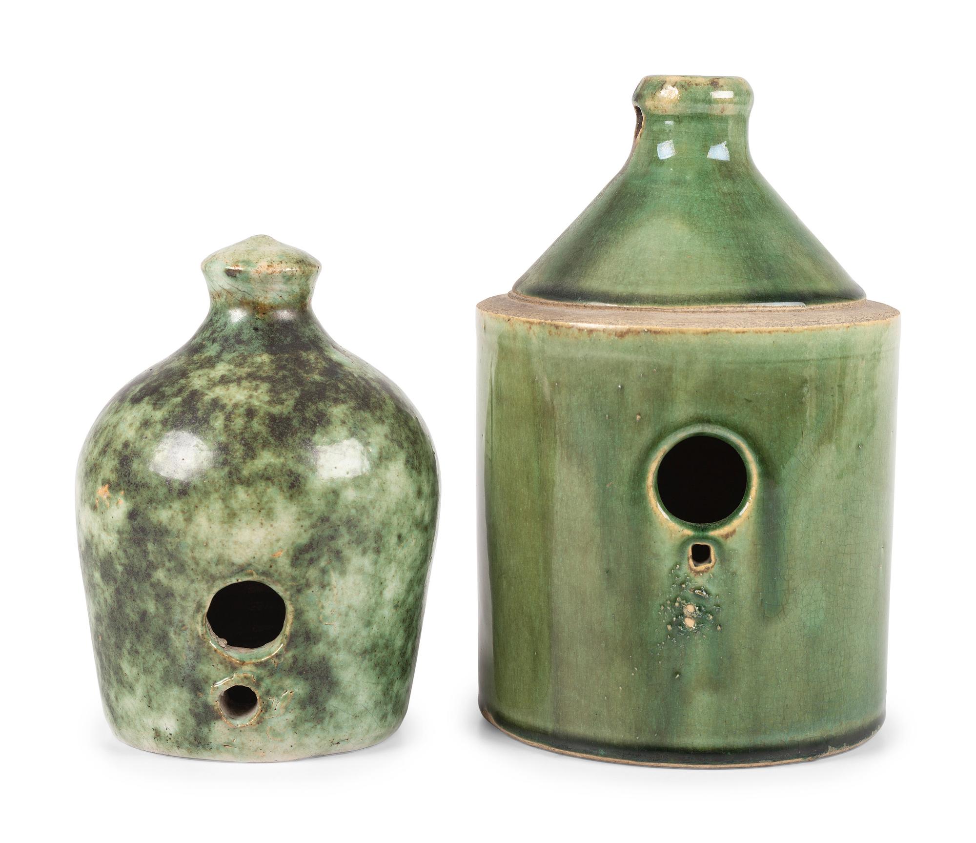 Two Stoneware Birdhouses in Green Glaze