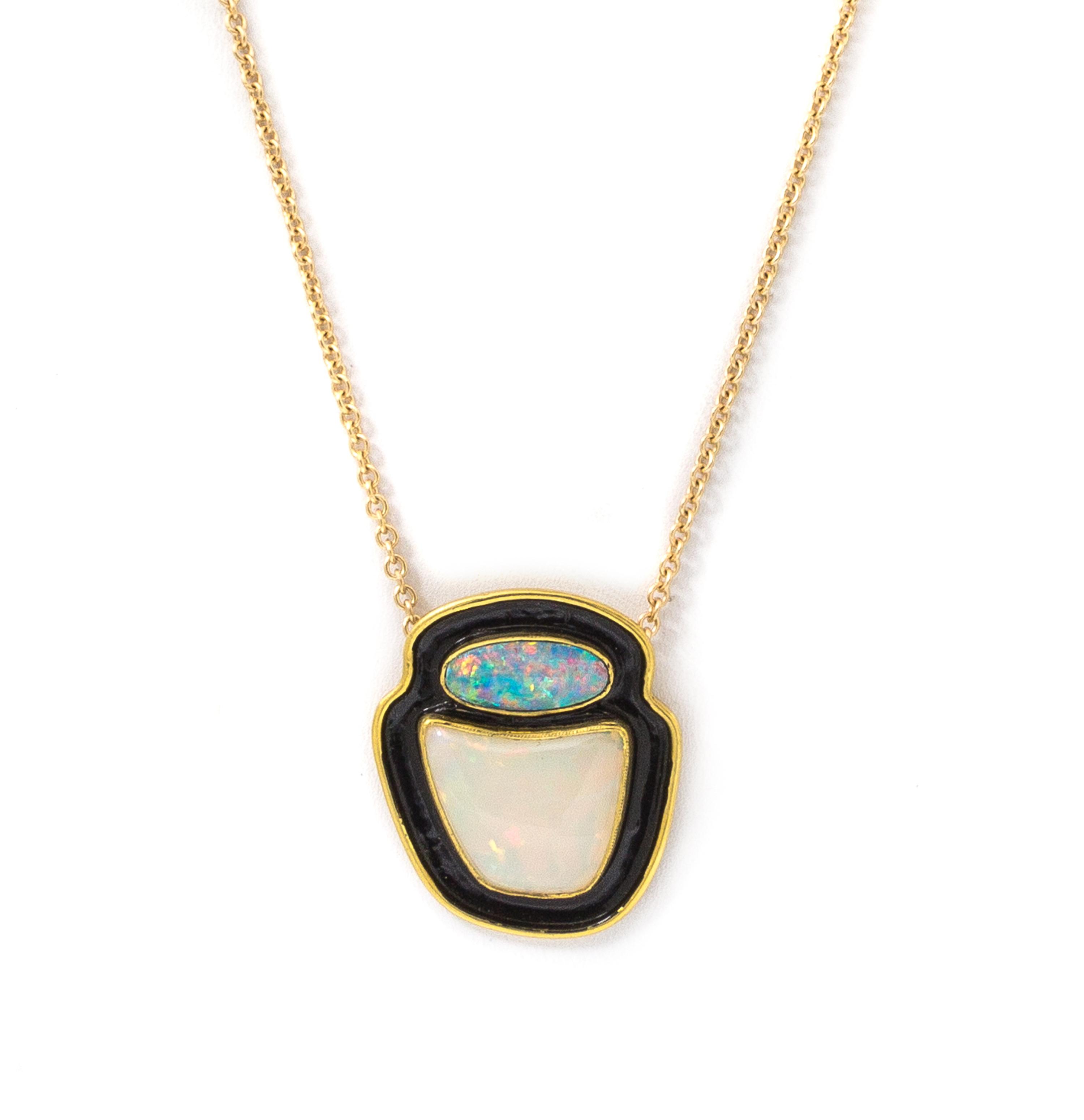 An 18 Karat Yellow Gold, Opal and Enamel Pendant Necklace, 8.60 dwts.