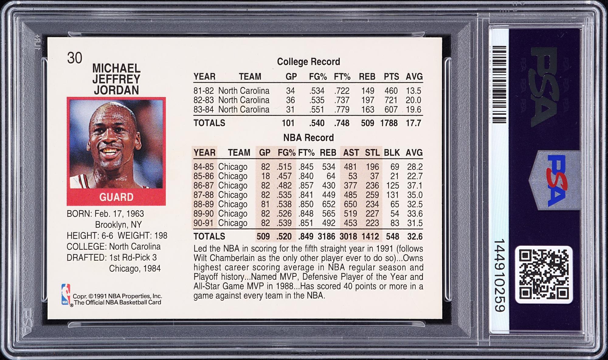 A 1991 Hoops Michael Jordan Signed Autograph Basketball Card No. 30 (PSA 7 AUTO) — Autograph obtained from Jordan by Make-A-Wish child in 1992 at Chicago Stadium
