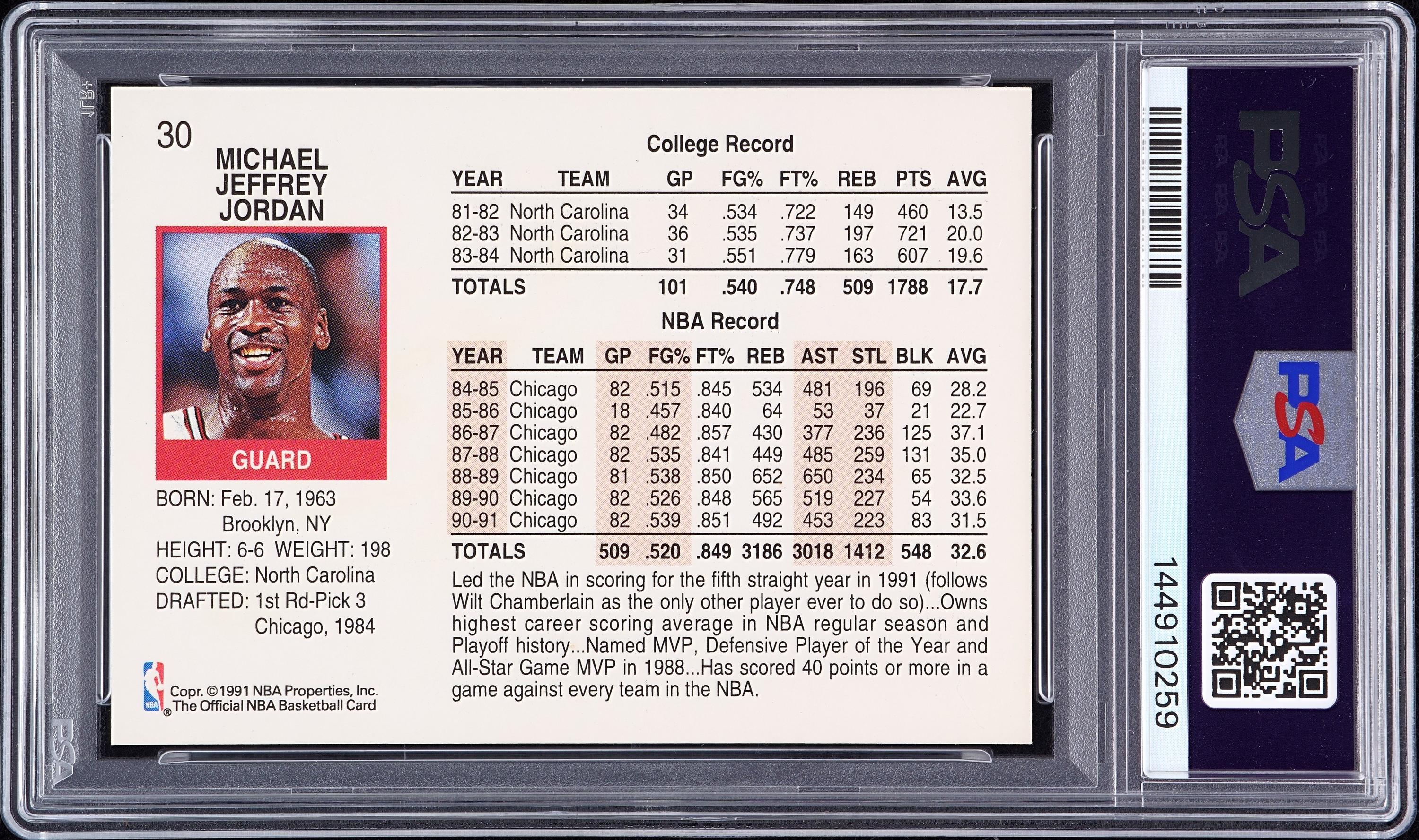 A 1991 Hoops Michael Jordan Signed Autograph Basketball Card No. 30 (PSA 7 AUTO) — Autograph obtained from Jordan by Make-A-Wish child in 1992 at Chicago Stadium
