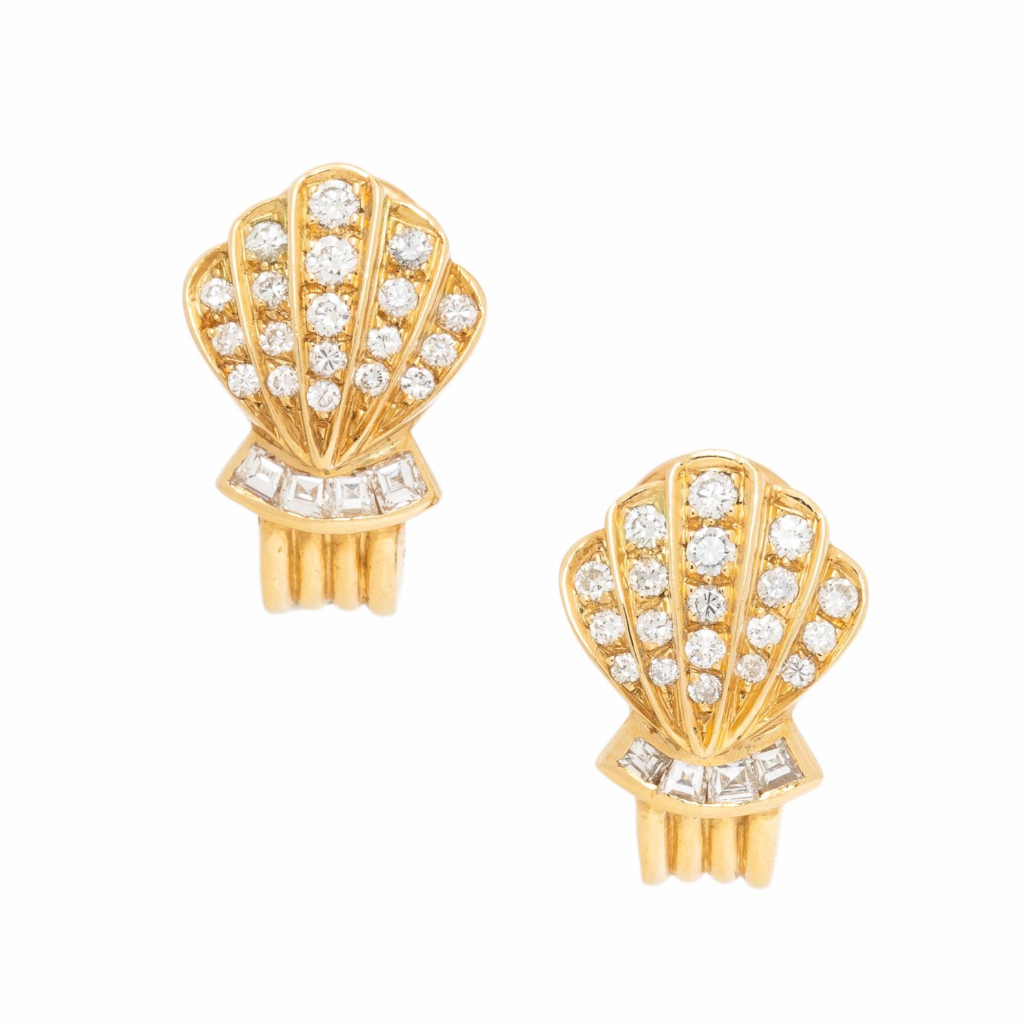 Yellow Gold and Diamond Shell Earrings