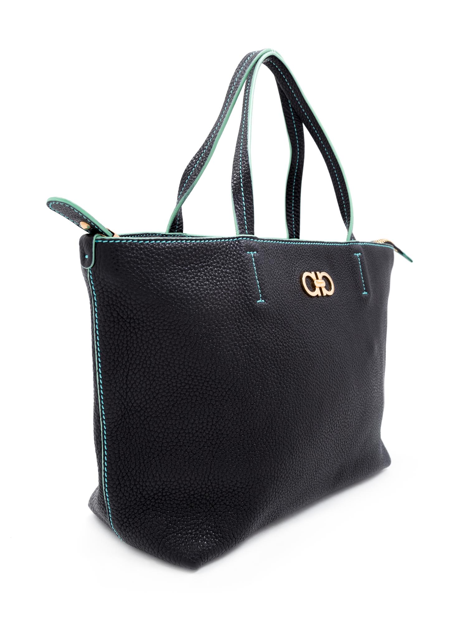 A Salvatore Ferragamo Black Pebbled Leather Bice Small Tote Bag, 8.25" H x 14" W x 4.25" D; Handle drop: 5.5".