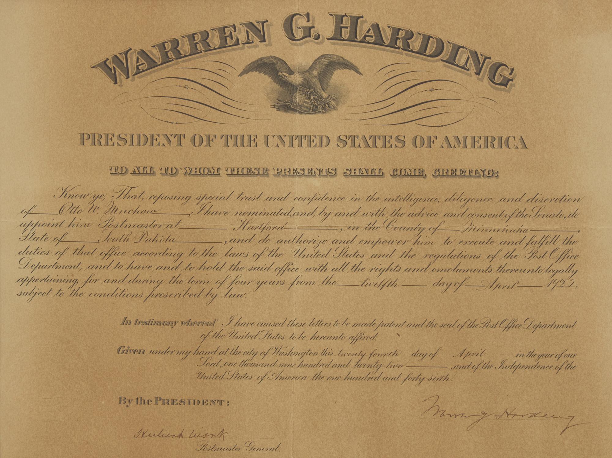 [Presidential] Harding, Warren G. Partially-printed postal commission, signed