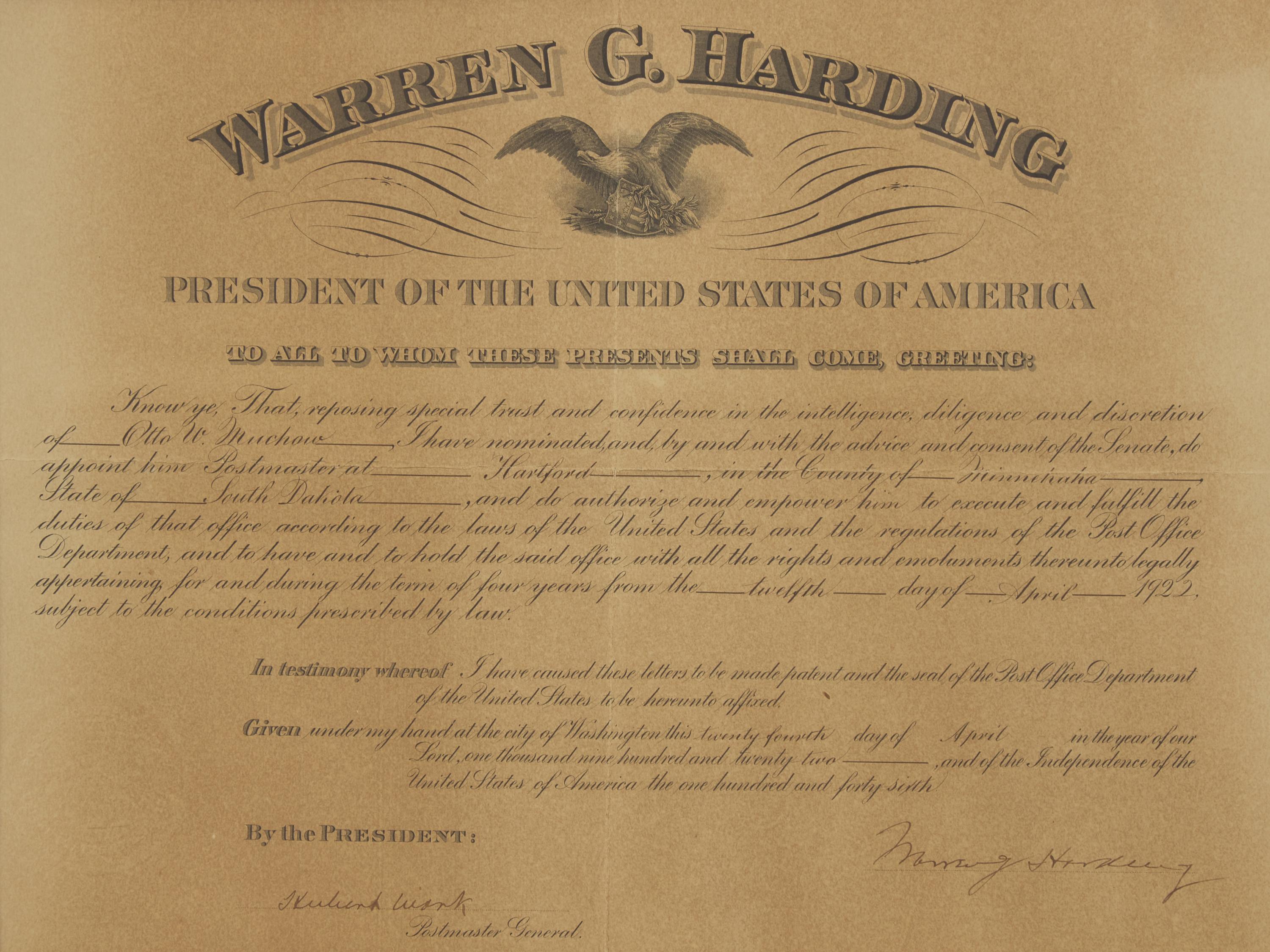 [Presidential] Harding, Warren G. Partially-printed postal commission, signed