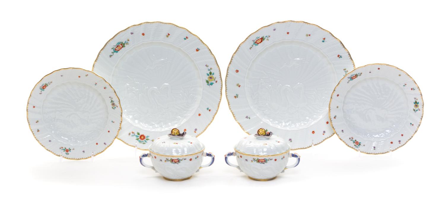 Six Meissen Porcelain Swan Service Articles Diameter of largest 11 inches.