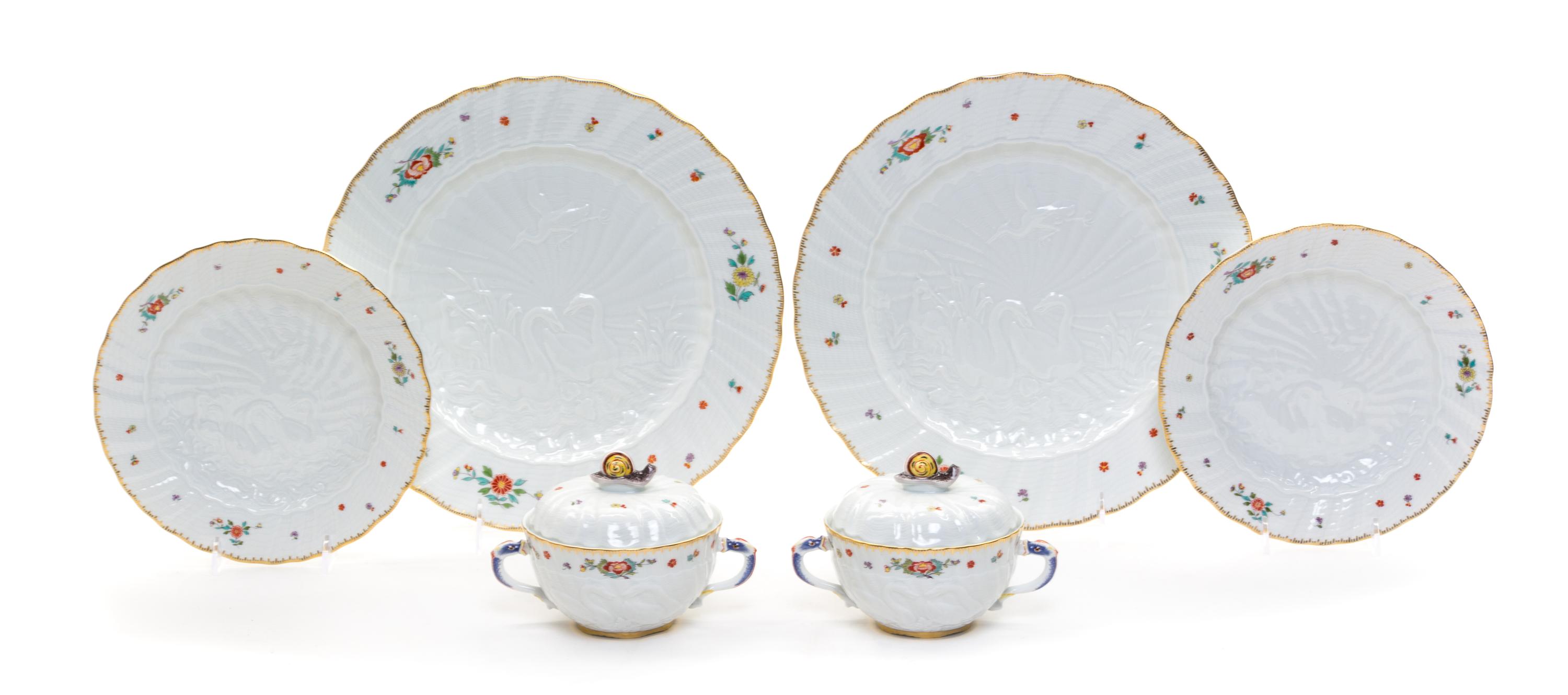 Six Meissen Porcelain Swan Service Articles Diameter of largest 11 inches.