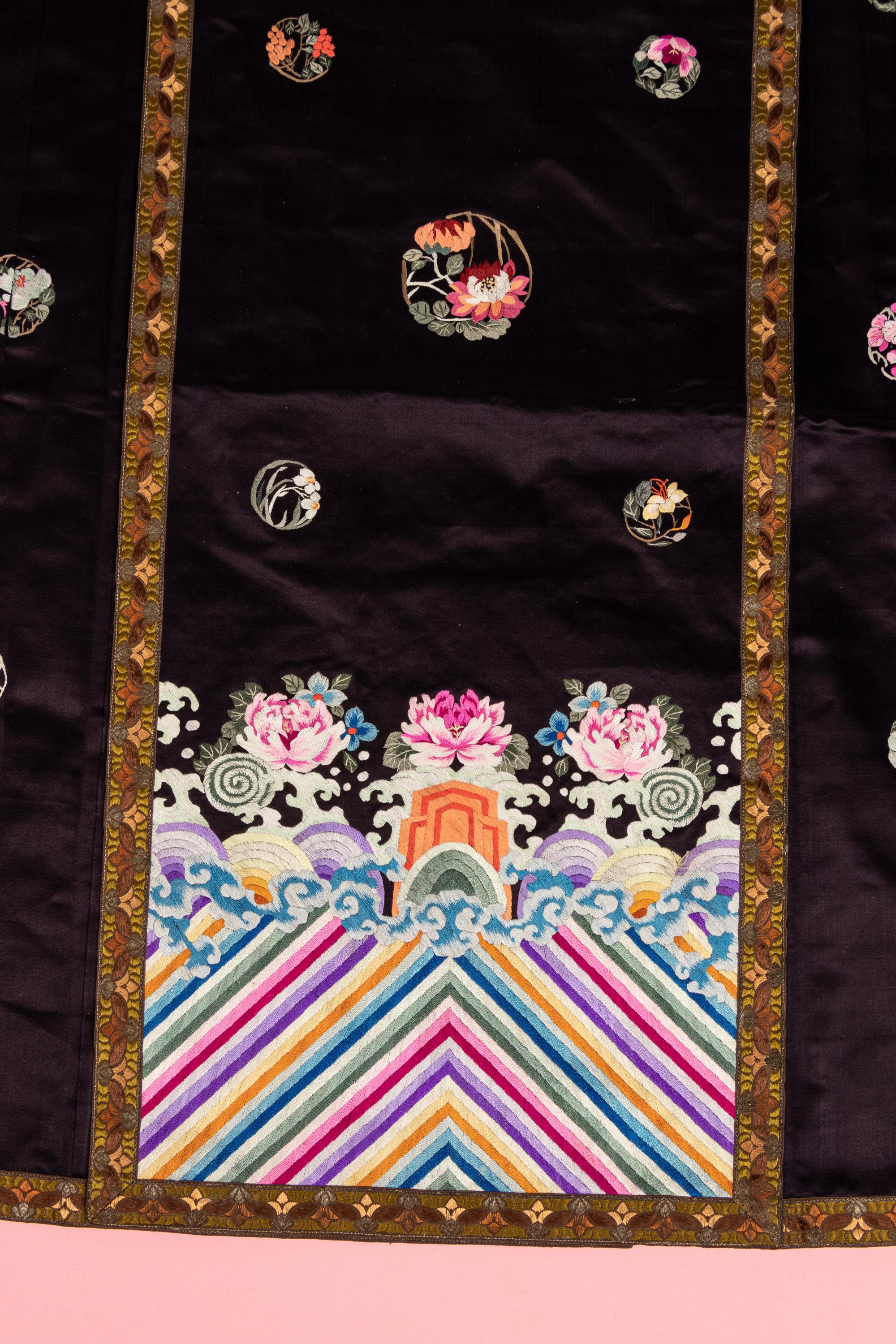 A Set of Aubergine Satin Ground Embroidered Silk Lady's Robe and Skirt
