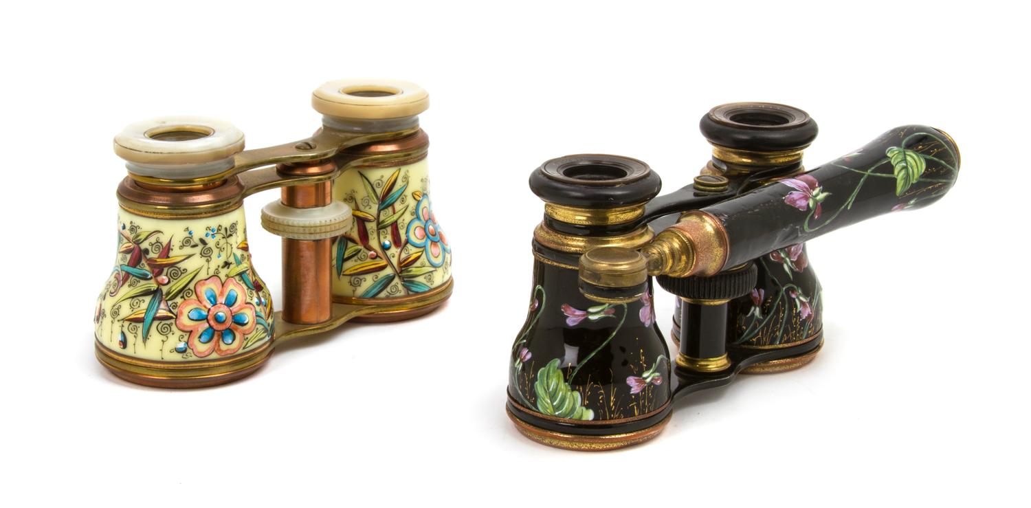 Two Pairs of Continental Enameled Opera Glasses, Width of first 3 7/8 inches.