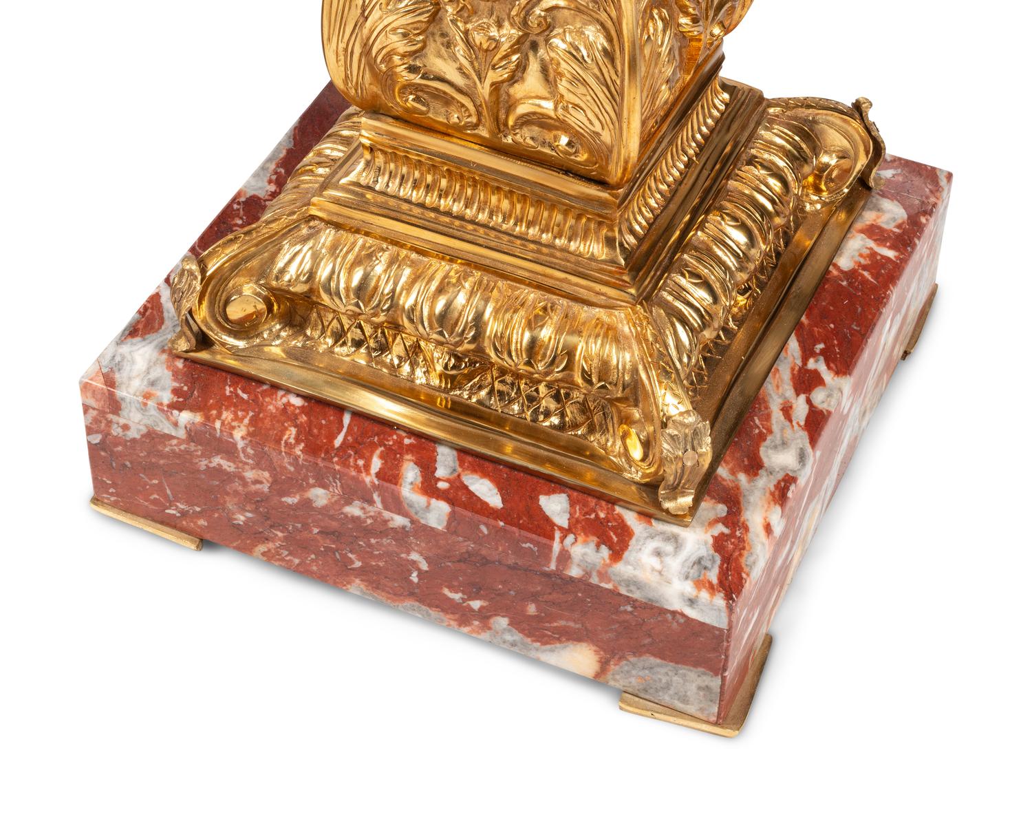 A Pair of Continental Gilt Bronze Mounted Rouge Marble Pedestals