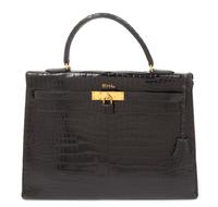 An Hermes 34cm Black Porosus Crocodile Kelly Handbag, 13" x 10" x 5".