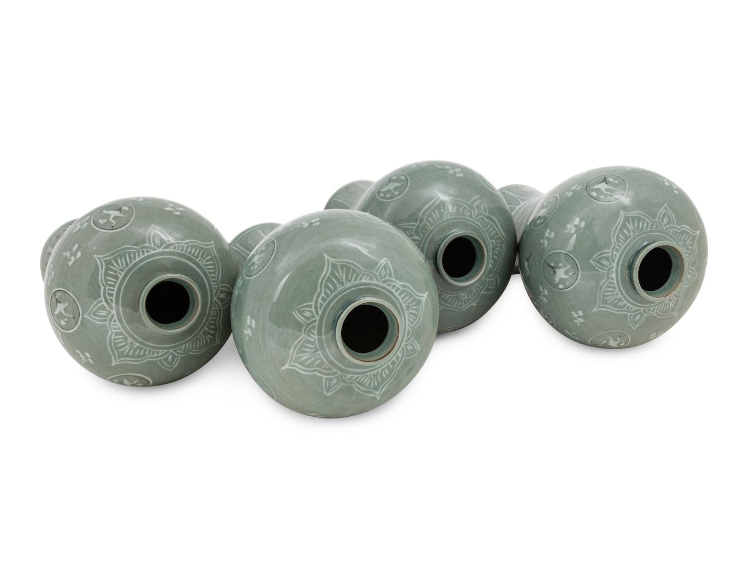 Four Korean Celadon Ground Porcelain 'Crane and Cloud' MaeByong Vases