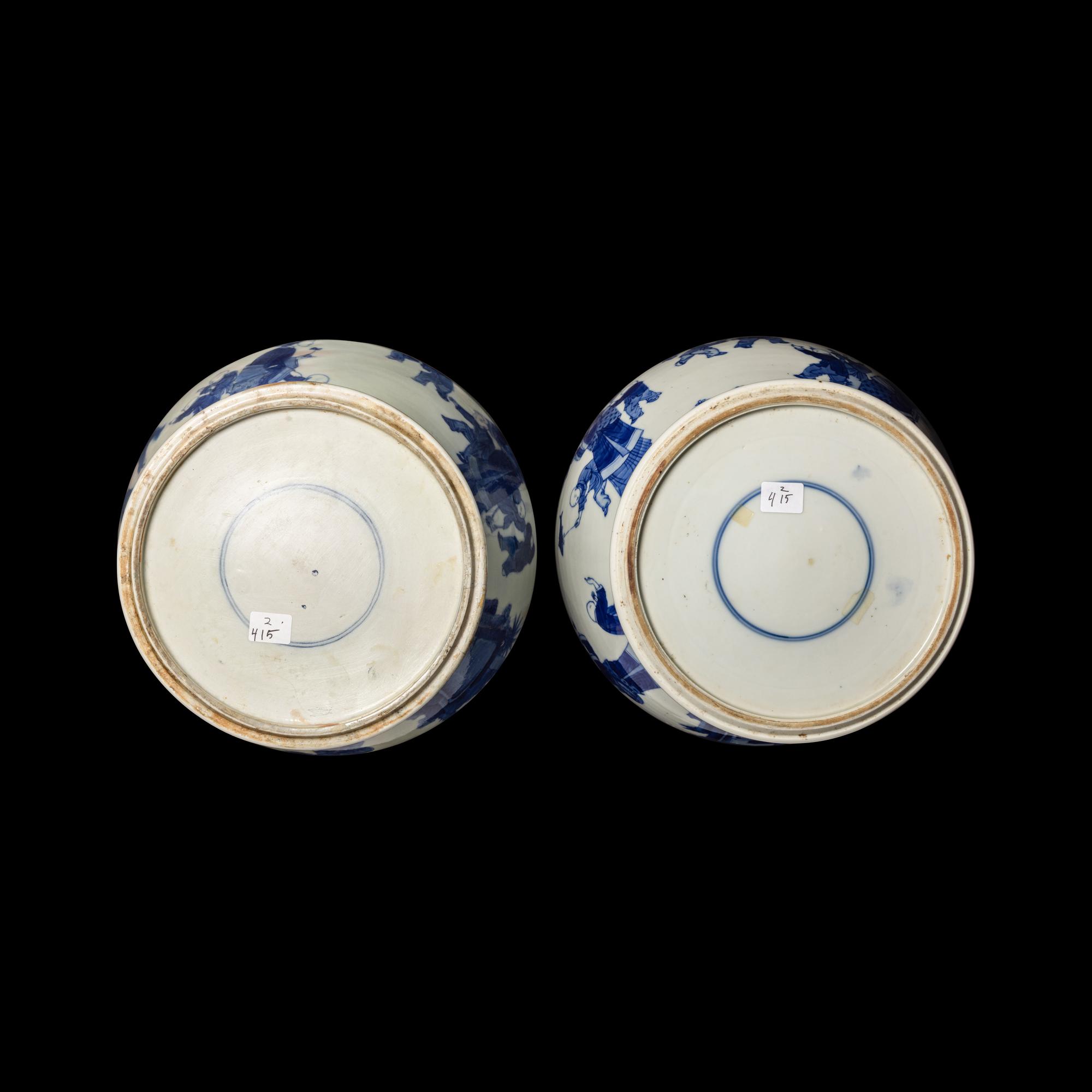 A Pair of Chinese Blue and White 'Figural' Porcelain General Jars and Covers, 19th/Early 20th Century 晚清/民國 青花人物故事圖將軍罐一對