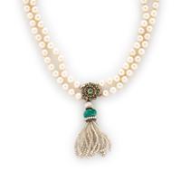 CULTURED PEARL, EMERALD, AND YELLOW GOLD NECKLACE