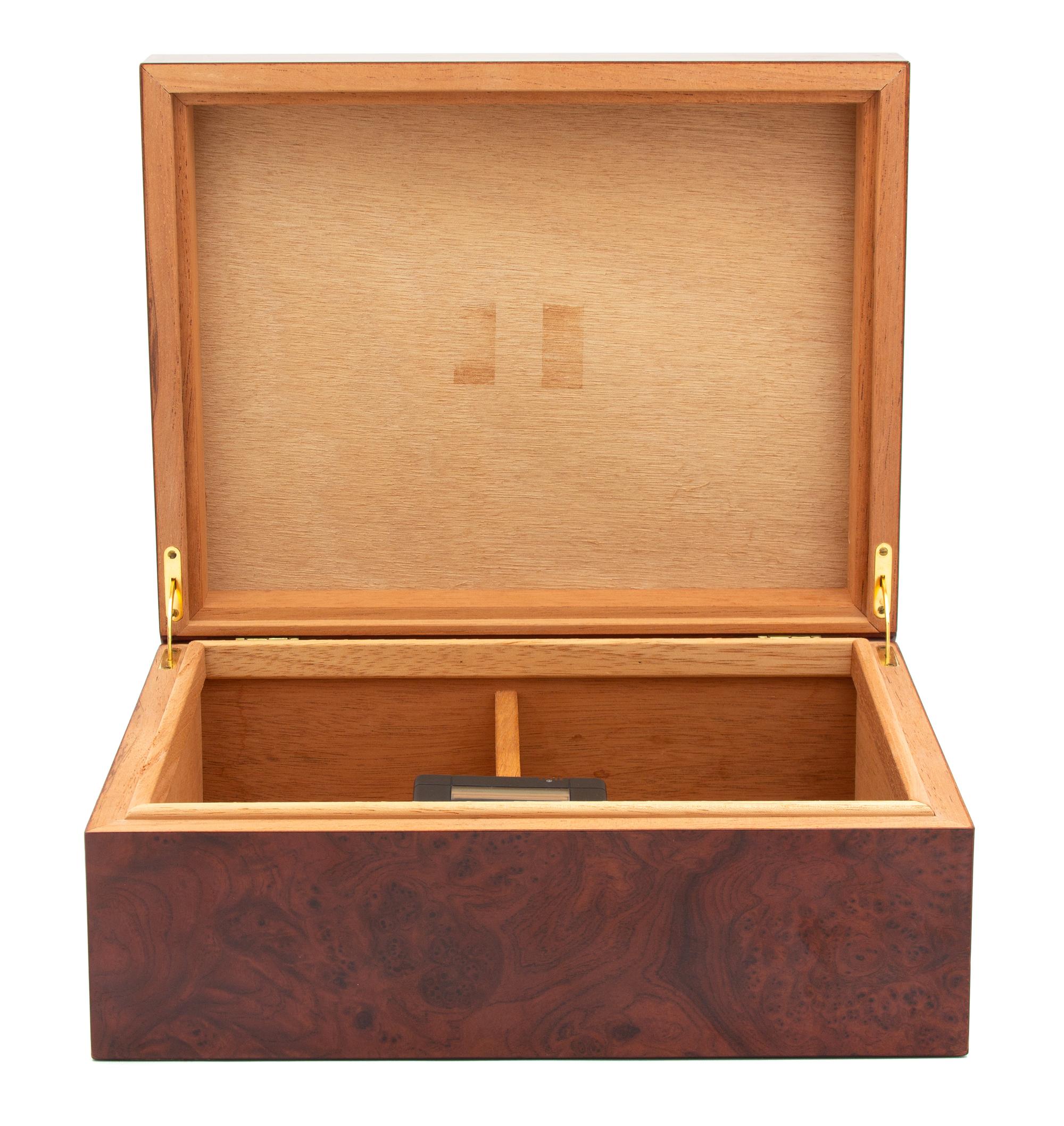 Three Wood Humidors Height of largest 5 1/4 x width 12 1/8 x depth 9 1/8 inches. — 20TH CENTURY