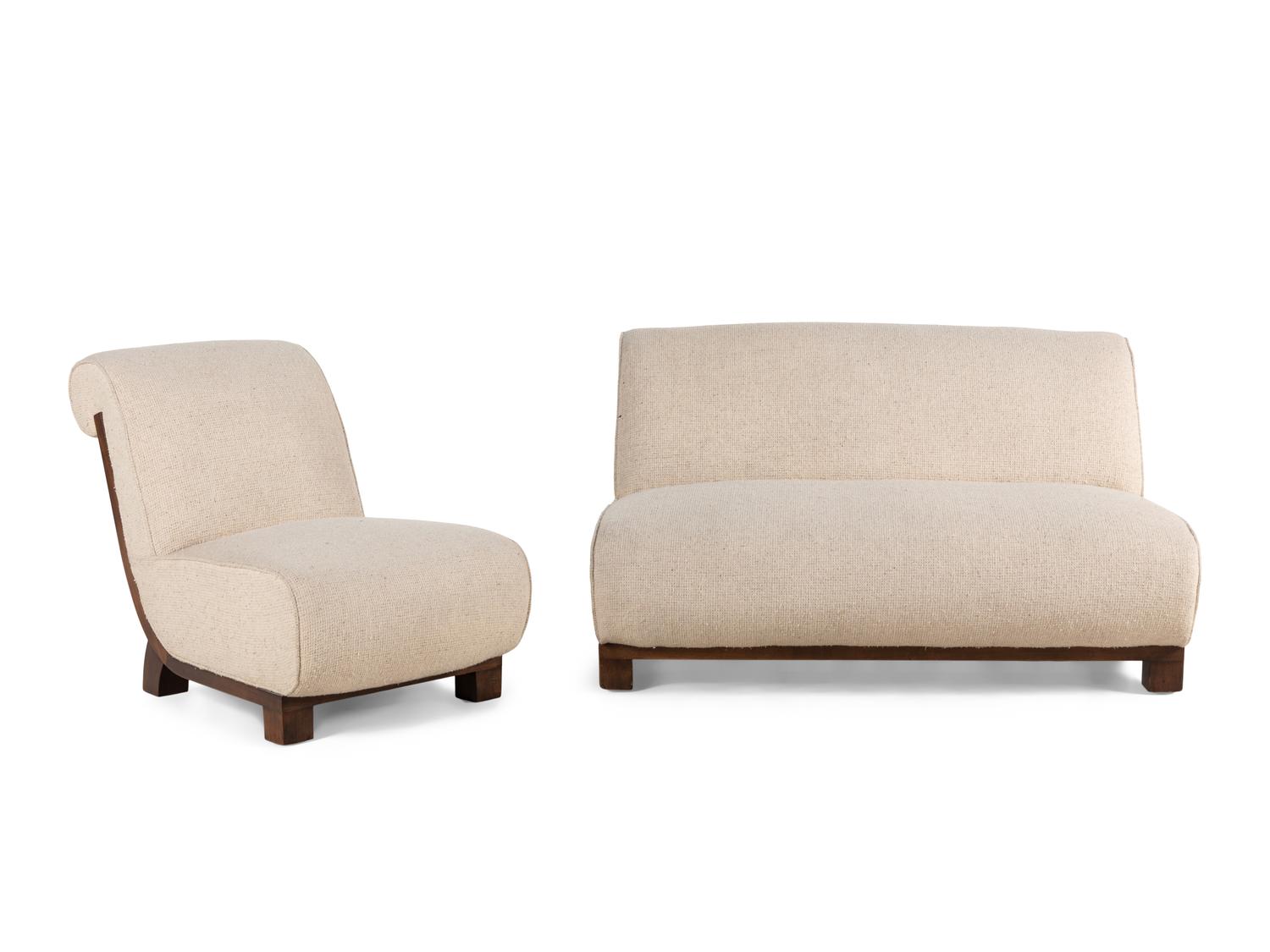 A Contemporary Upholstered Loveseat and Slipper Chair