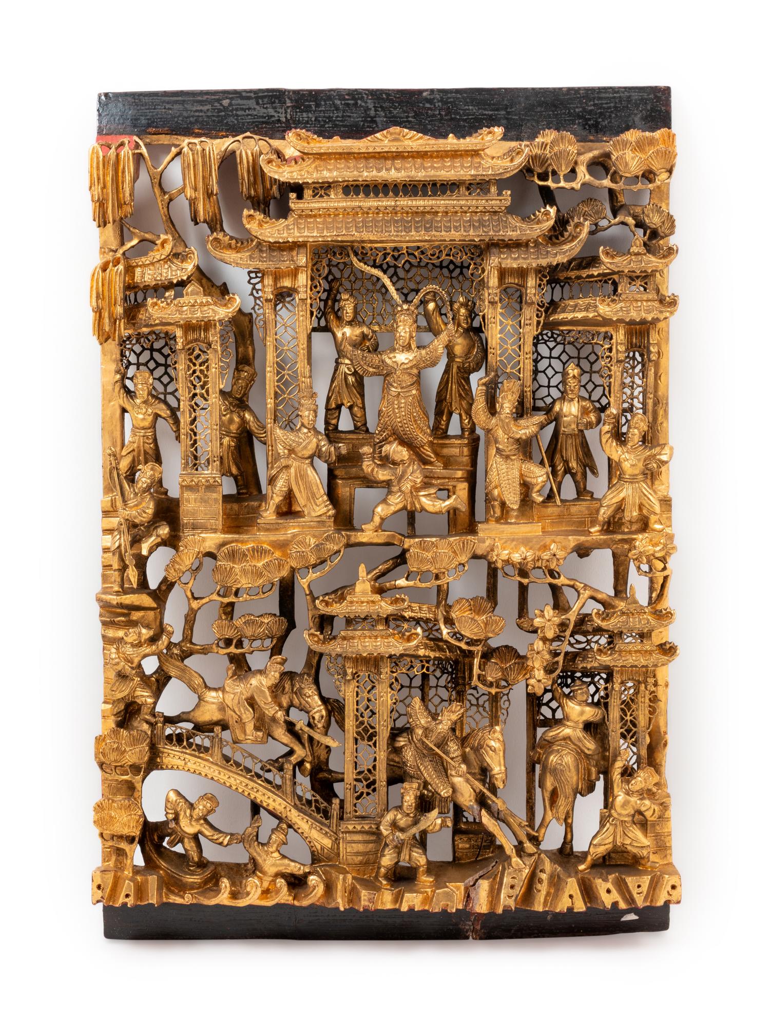 A Chinese Red Lacquer and Gilt Decorated Carved Wood Panel