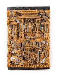 A Chinese Red Lacquer and Gilt Decorated Carved Wood Panel