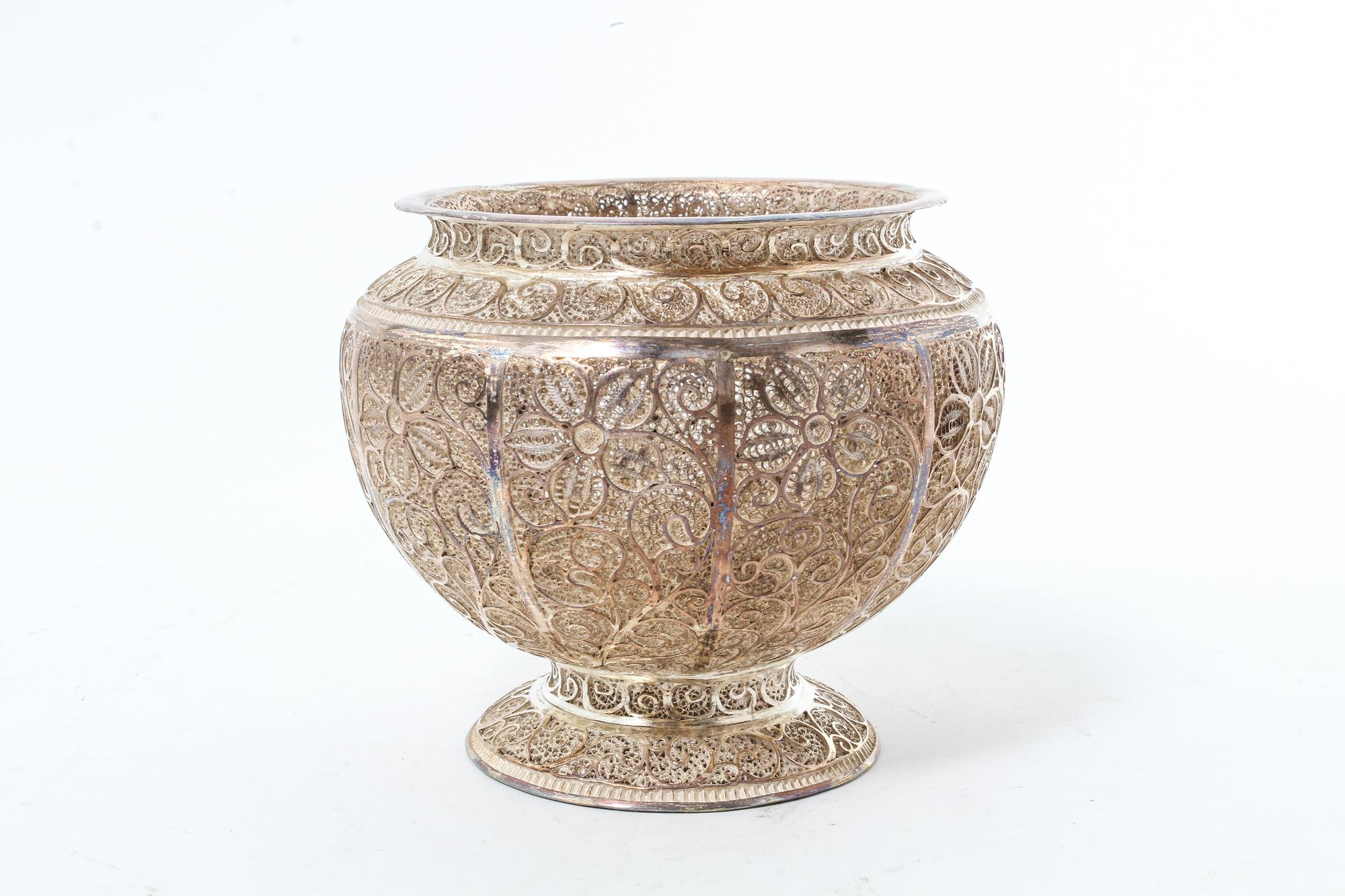 A Silvered Metal Filigree Footed Bowl, , of baluster form, with a fitted box.